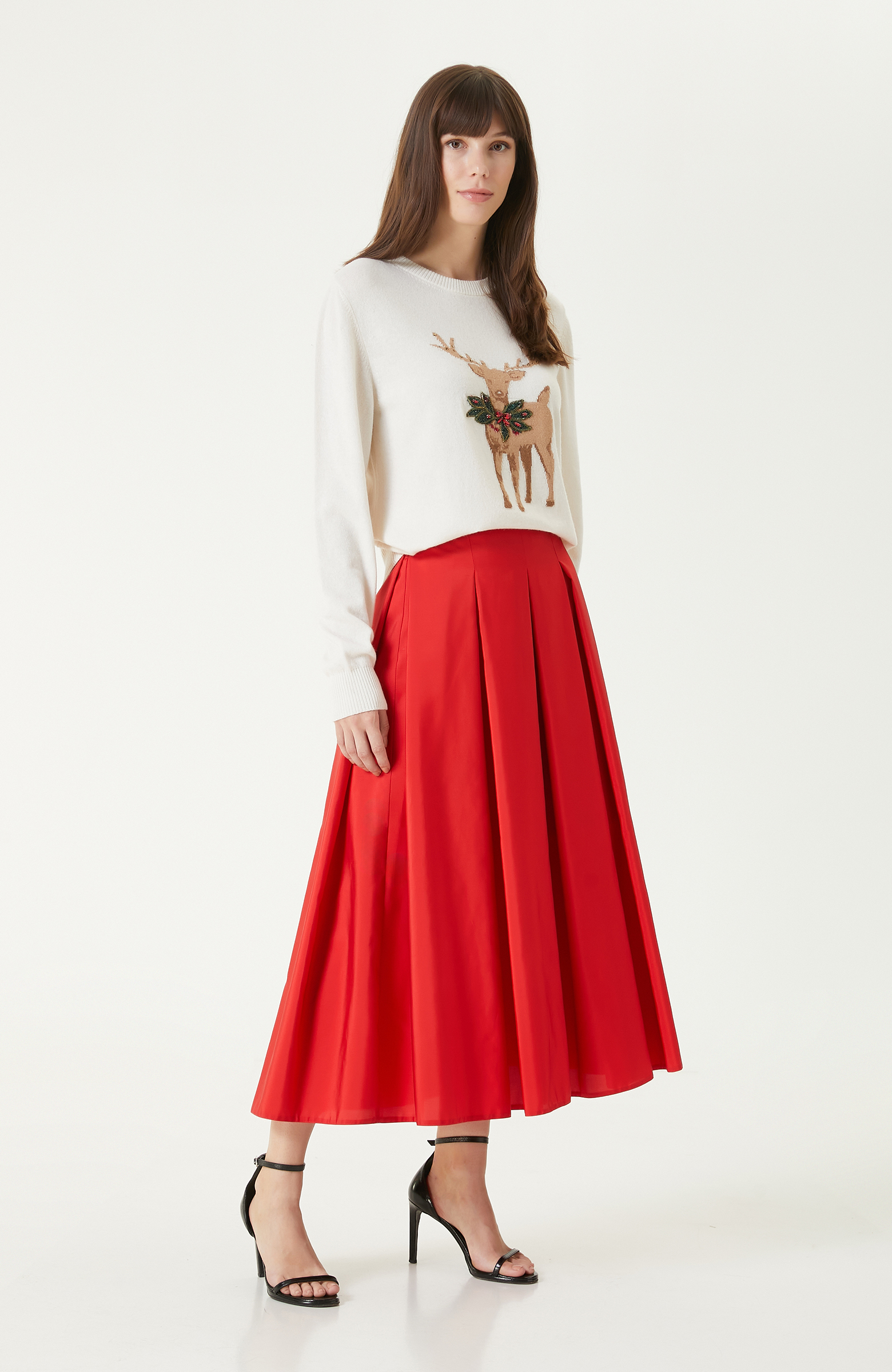 Kırmızı Pileli Saten Midi Etek