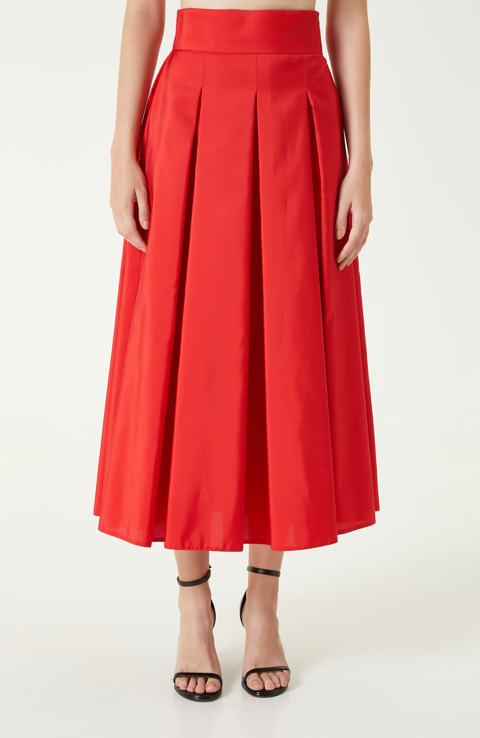 Kırmızı Pileli Saten Midi Etek
