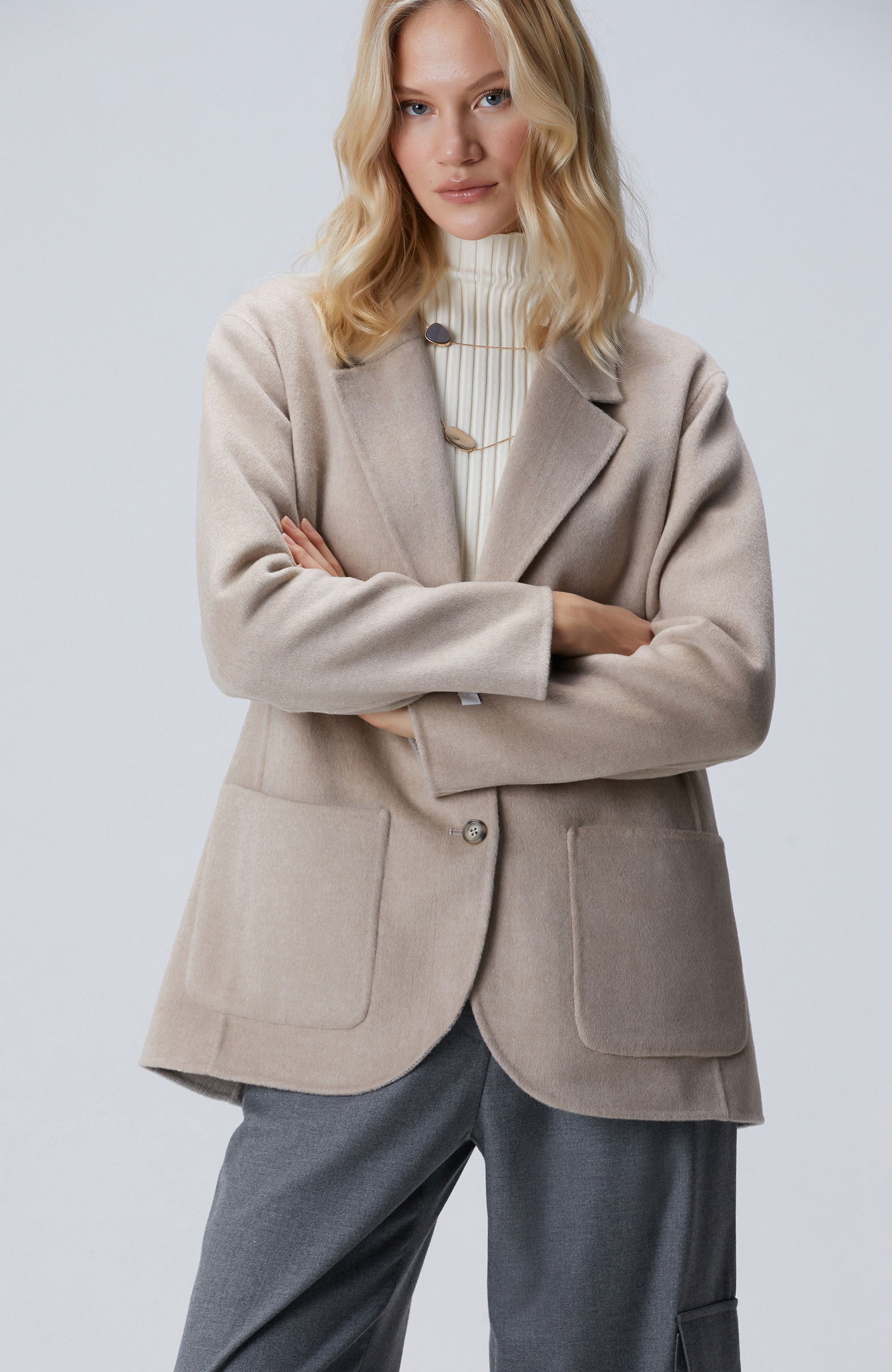 Bej Melanj Yün Karışımlı Handmade Ceket