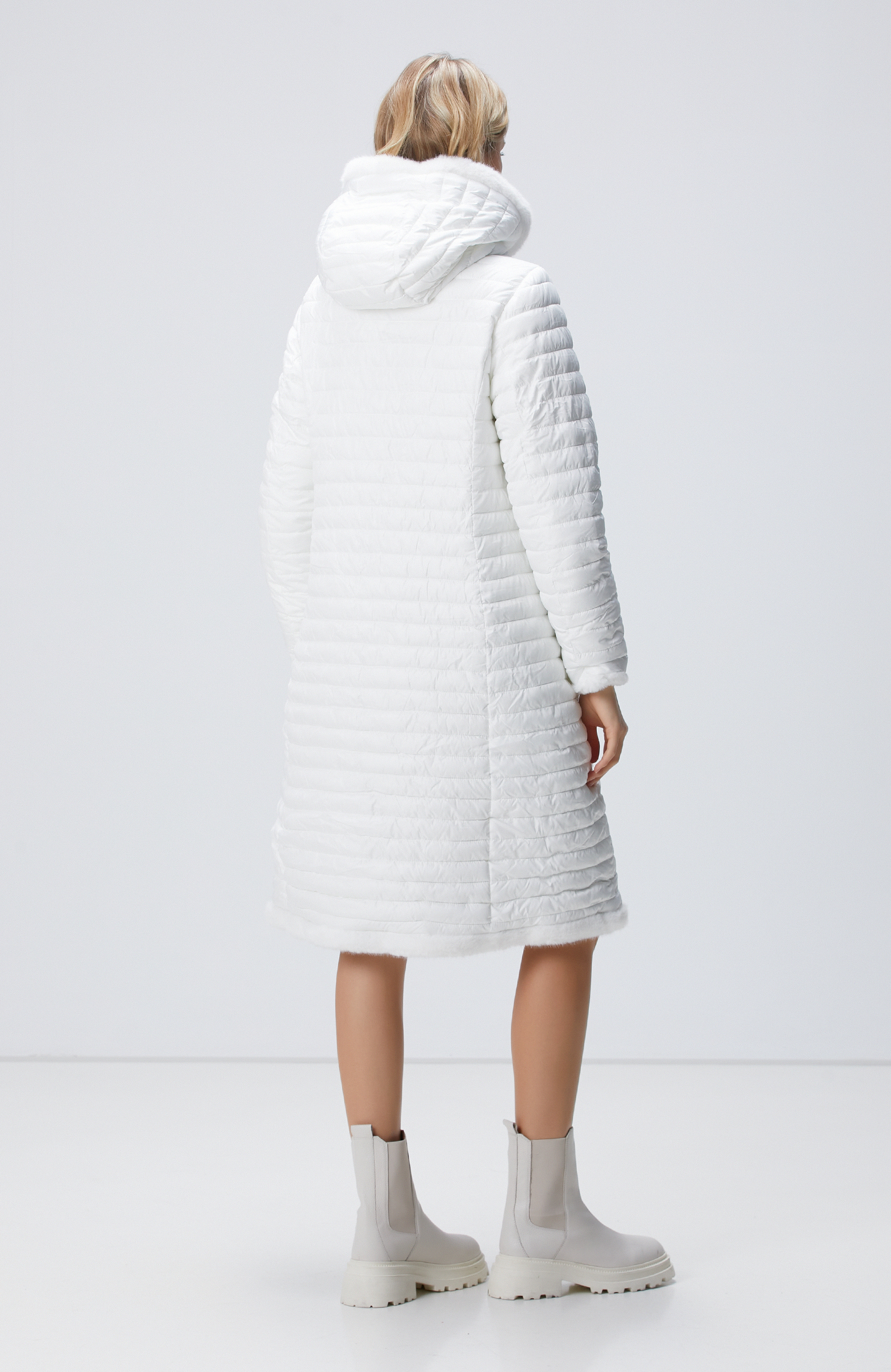 Kırık Beyaz Kapüşonlu Çift Taraflı Kaban