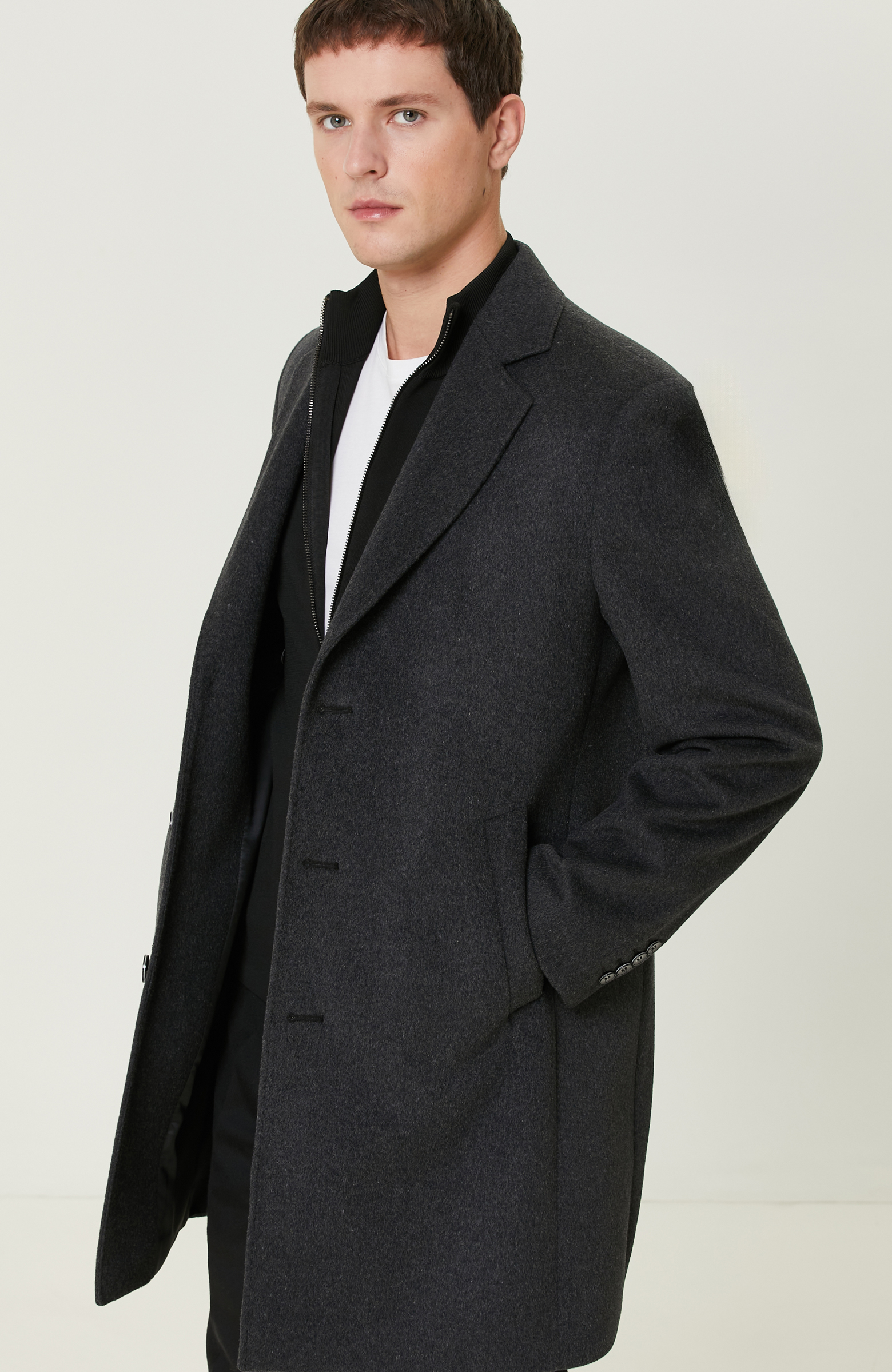 Antrasit Yün Karışımlı Palto