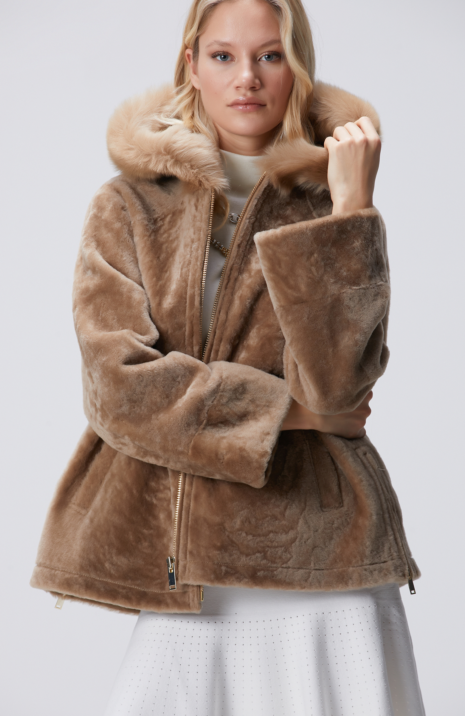 Bej Yakası Kürklü Deri Kaban 