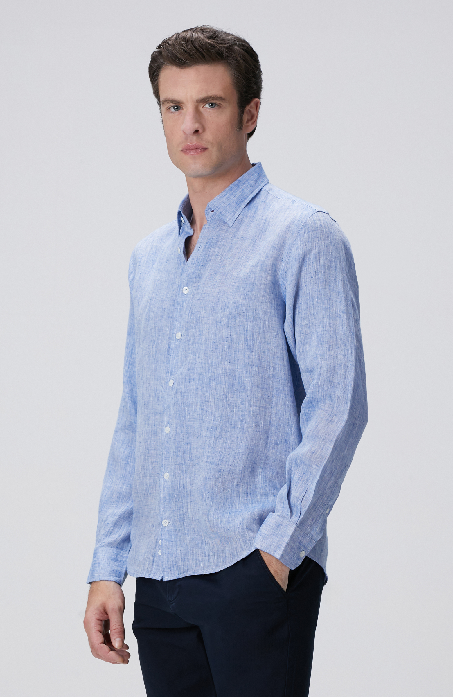 Açık Mavi Keten Gömlek