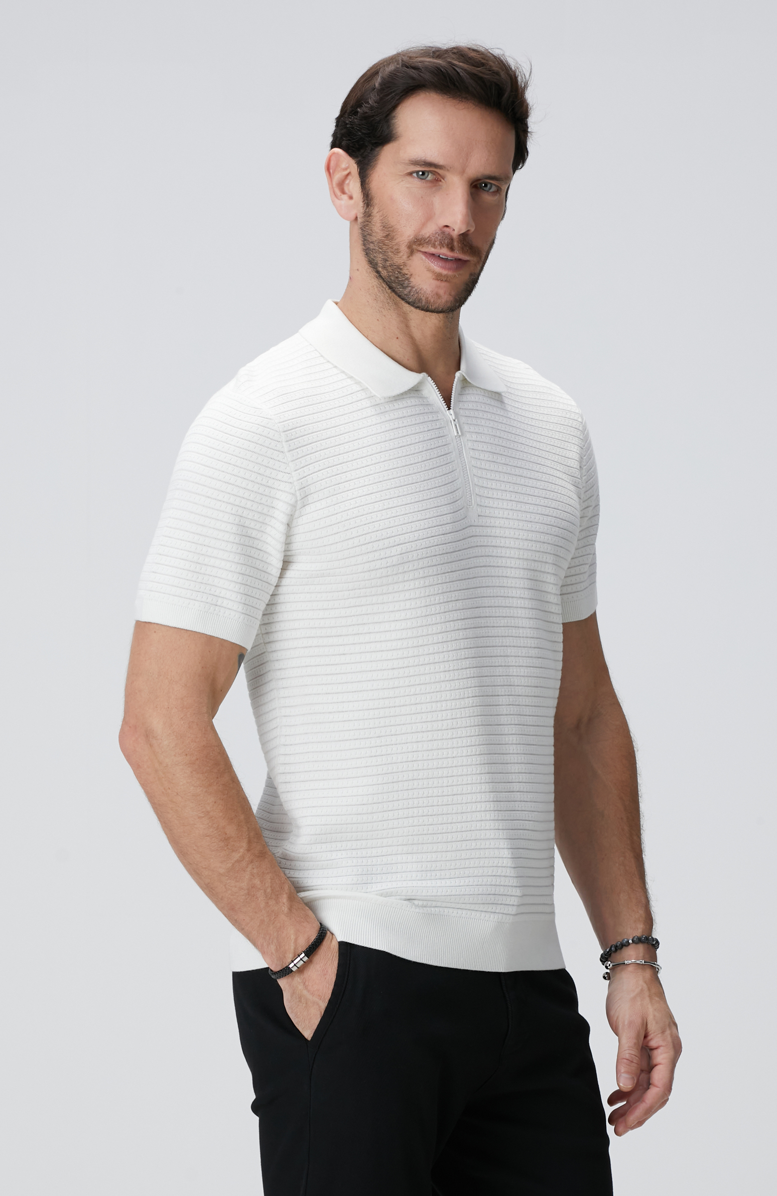 Kırık Beyaz Polo Triko Kazak