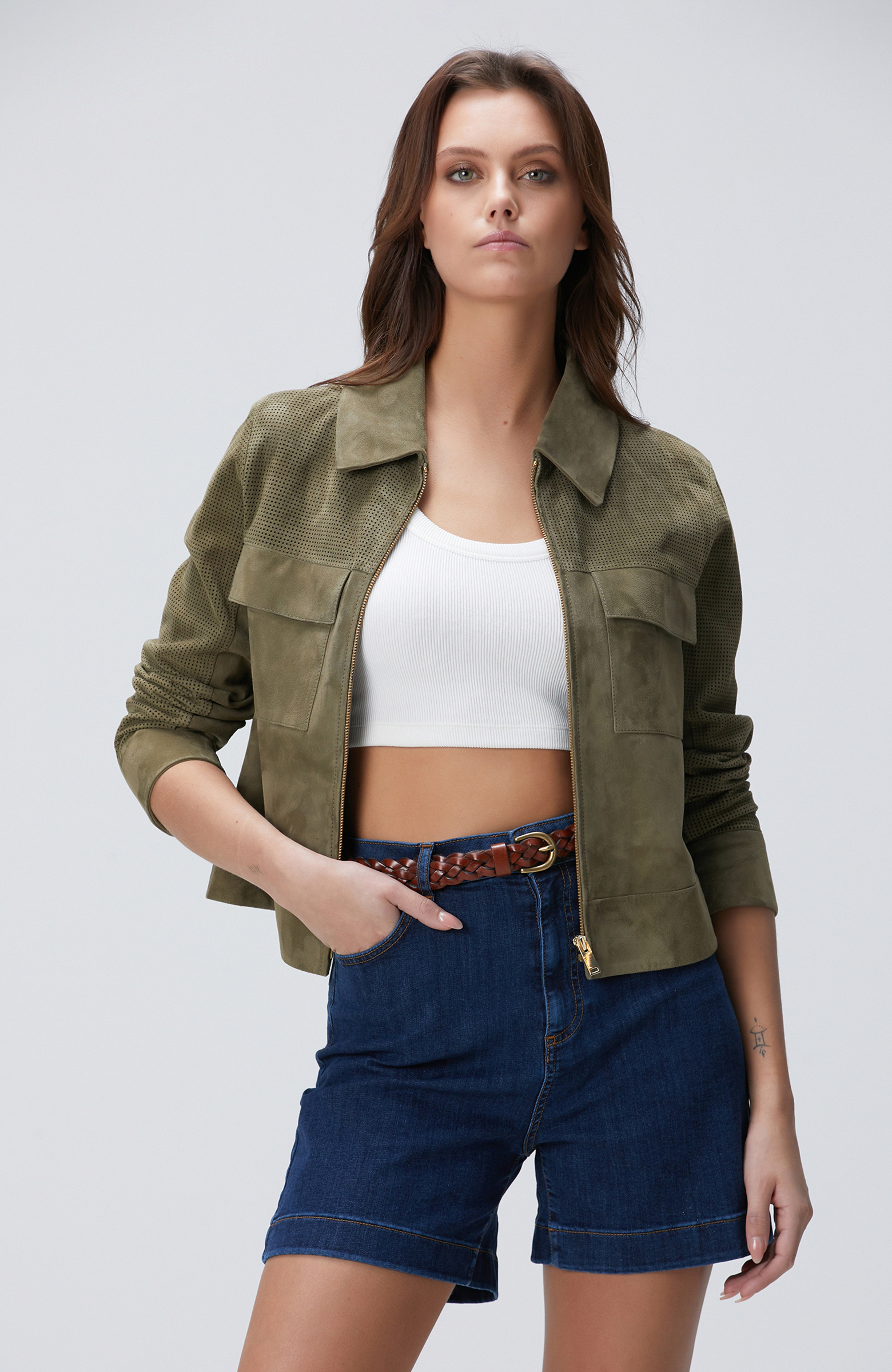 Haki Desenli Deri Mont