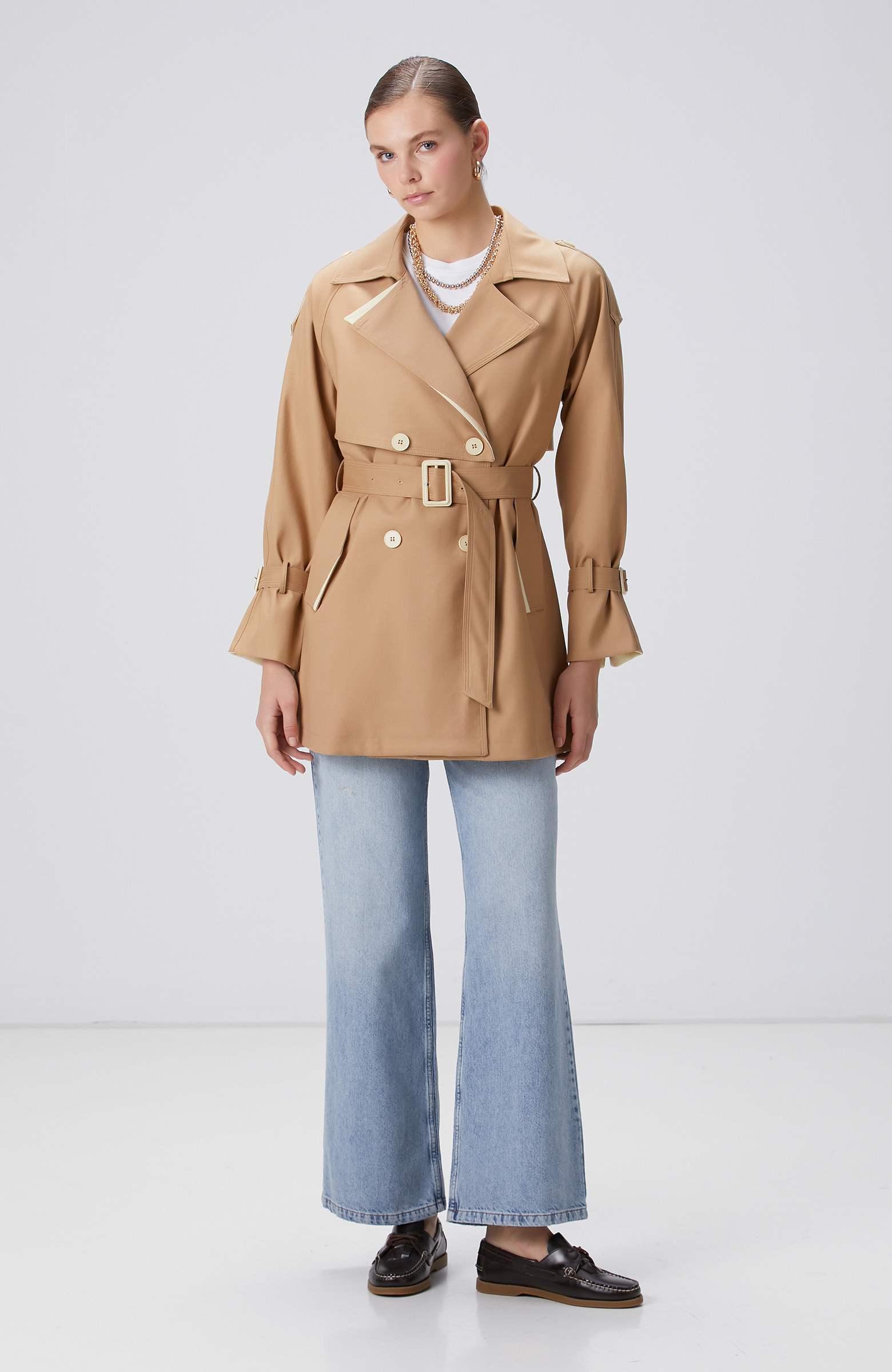 Bej Kruvaze Trench Coat
