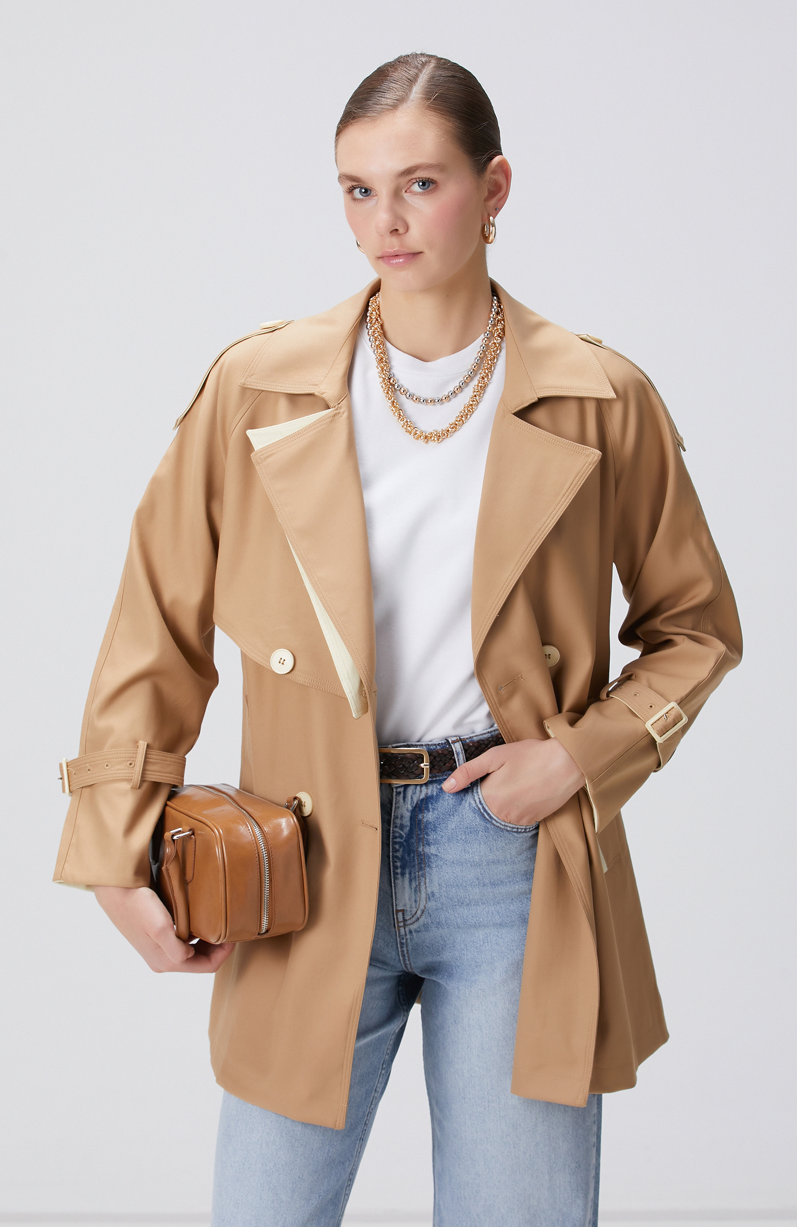 Bej Kruvaze Trench Coat