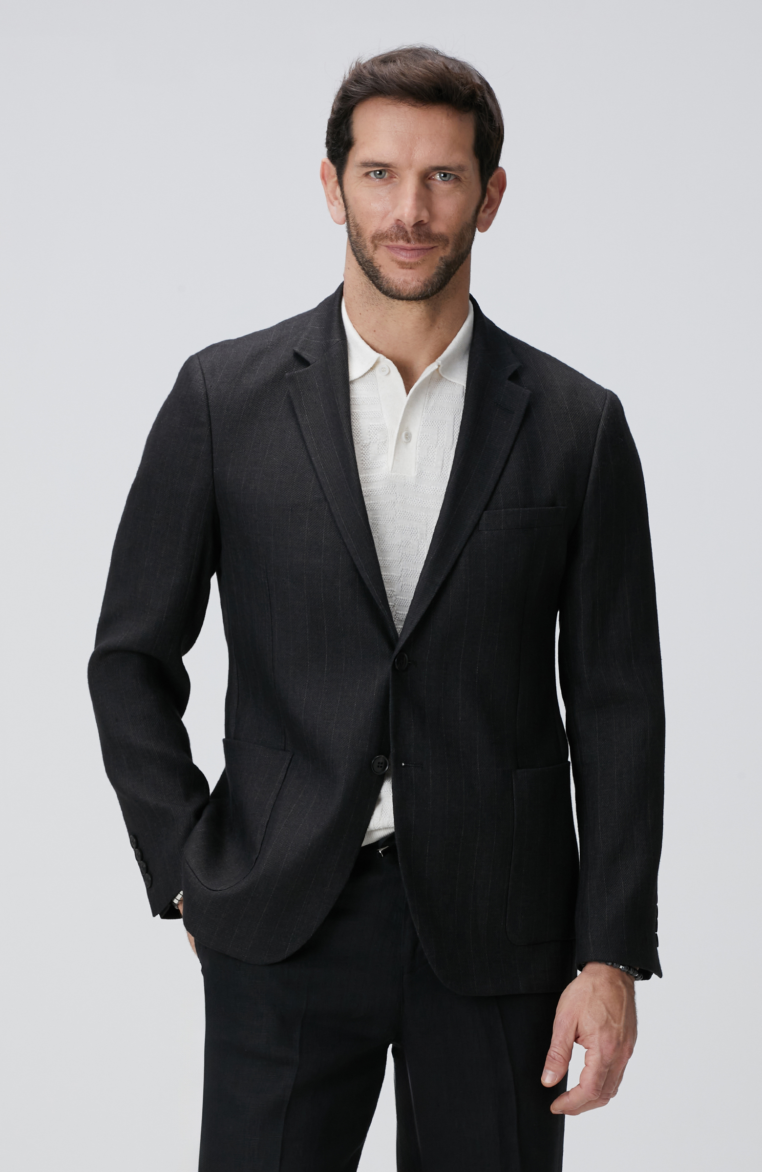 Siyah Keten Karışımlı Ceket