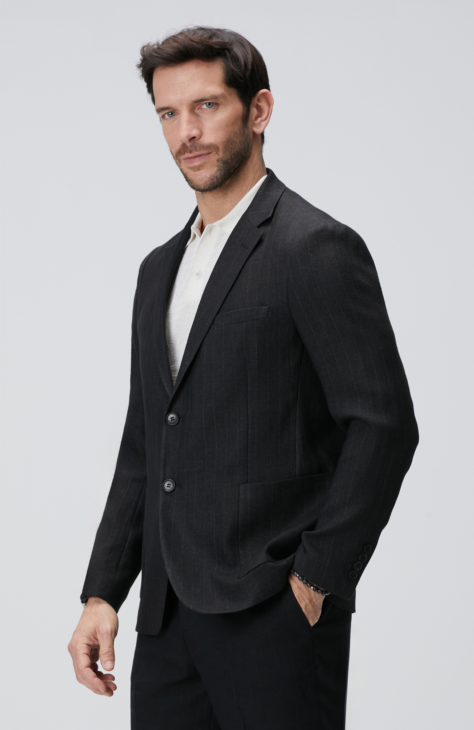 Siyah Keten Karışımlı Ceket