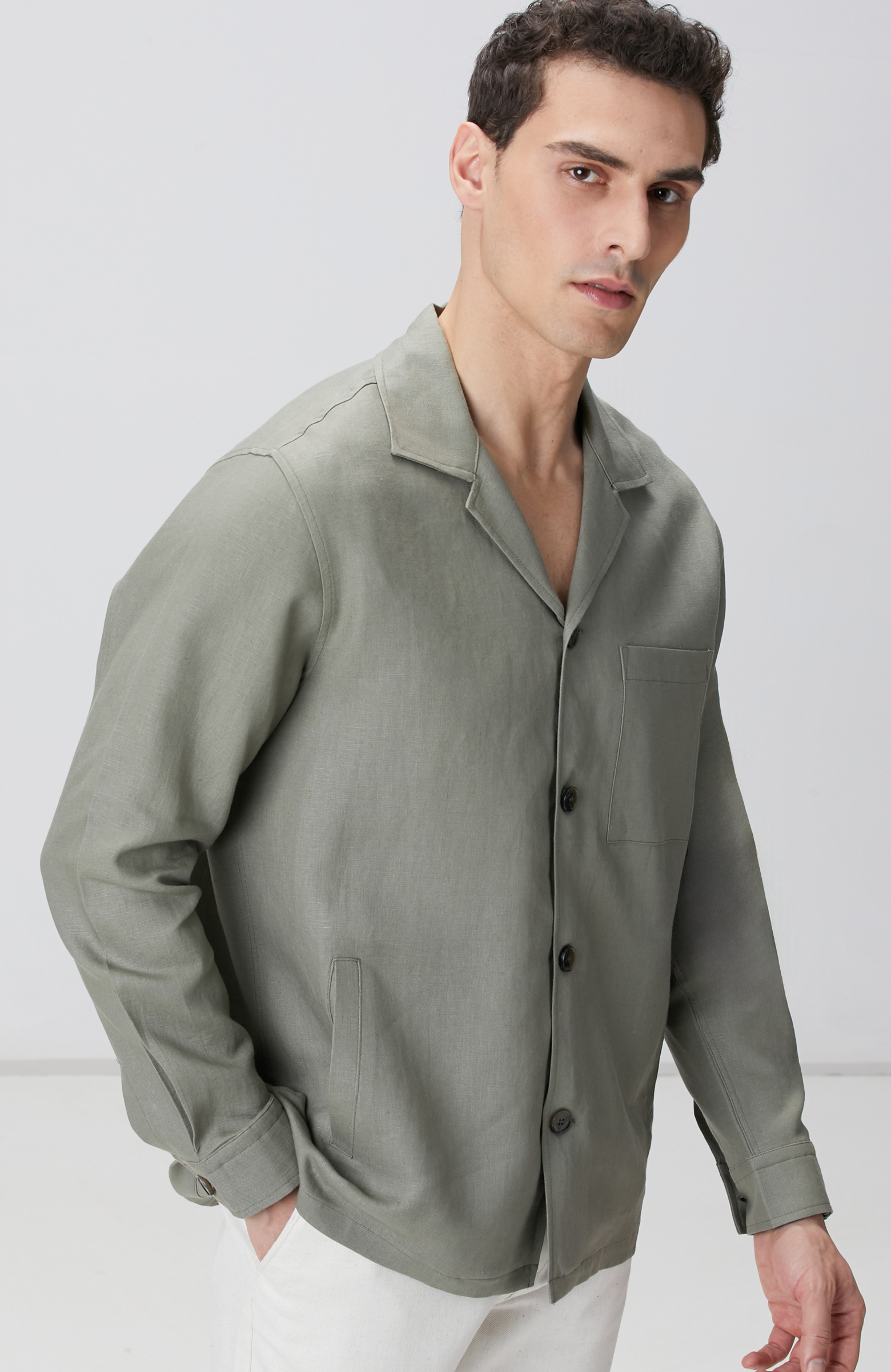 Haki Keten Dış Gömlek