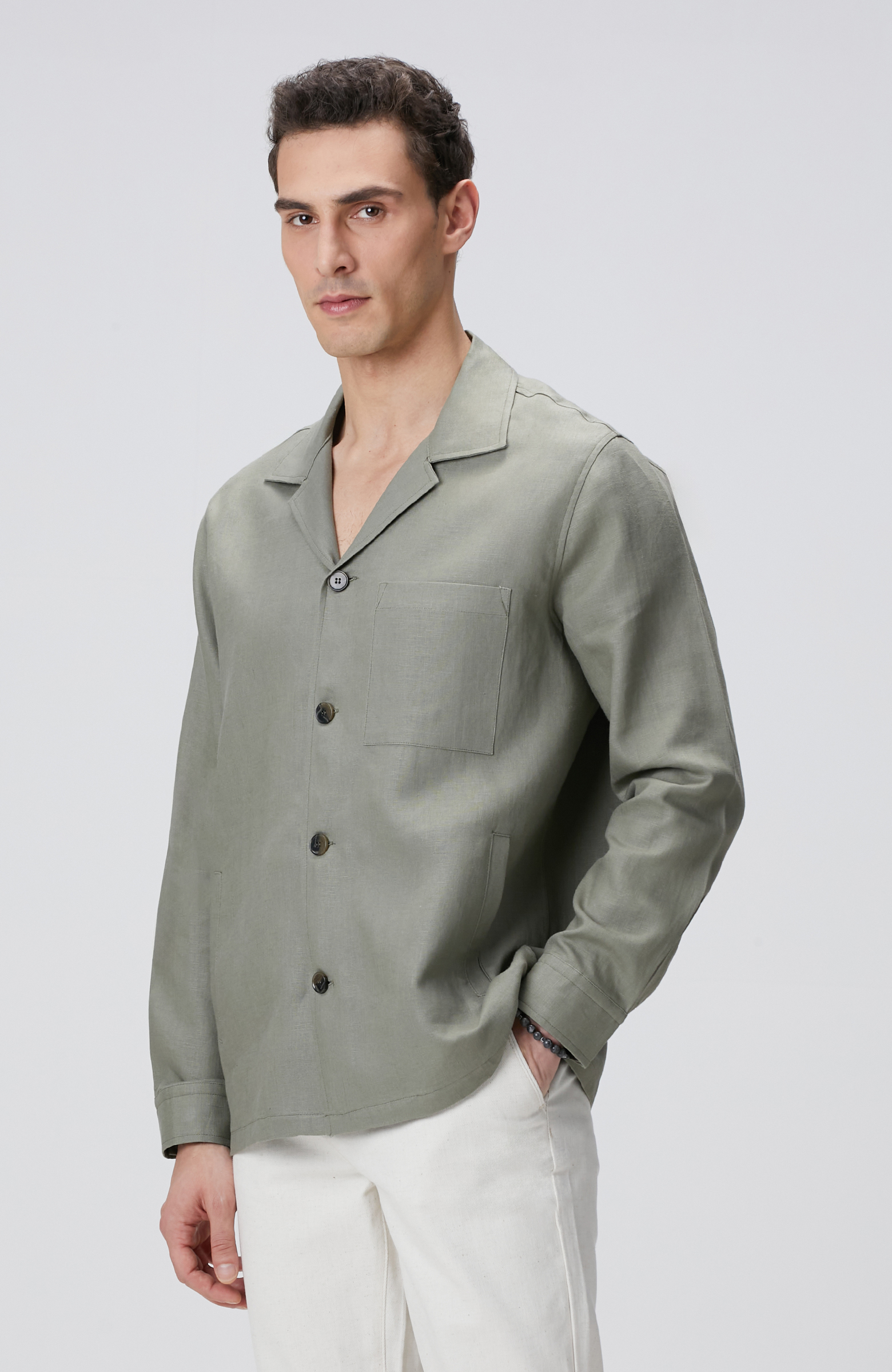 Haki Keten Dış Gömlek