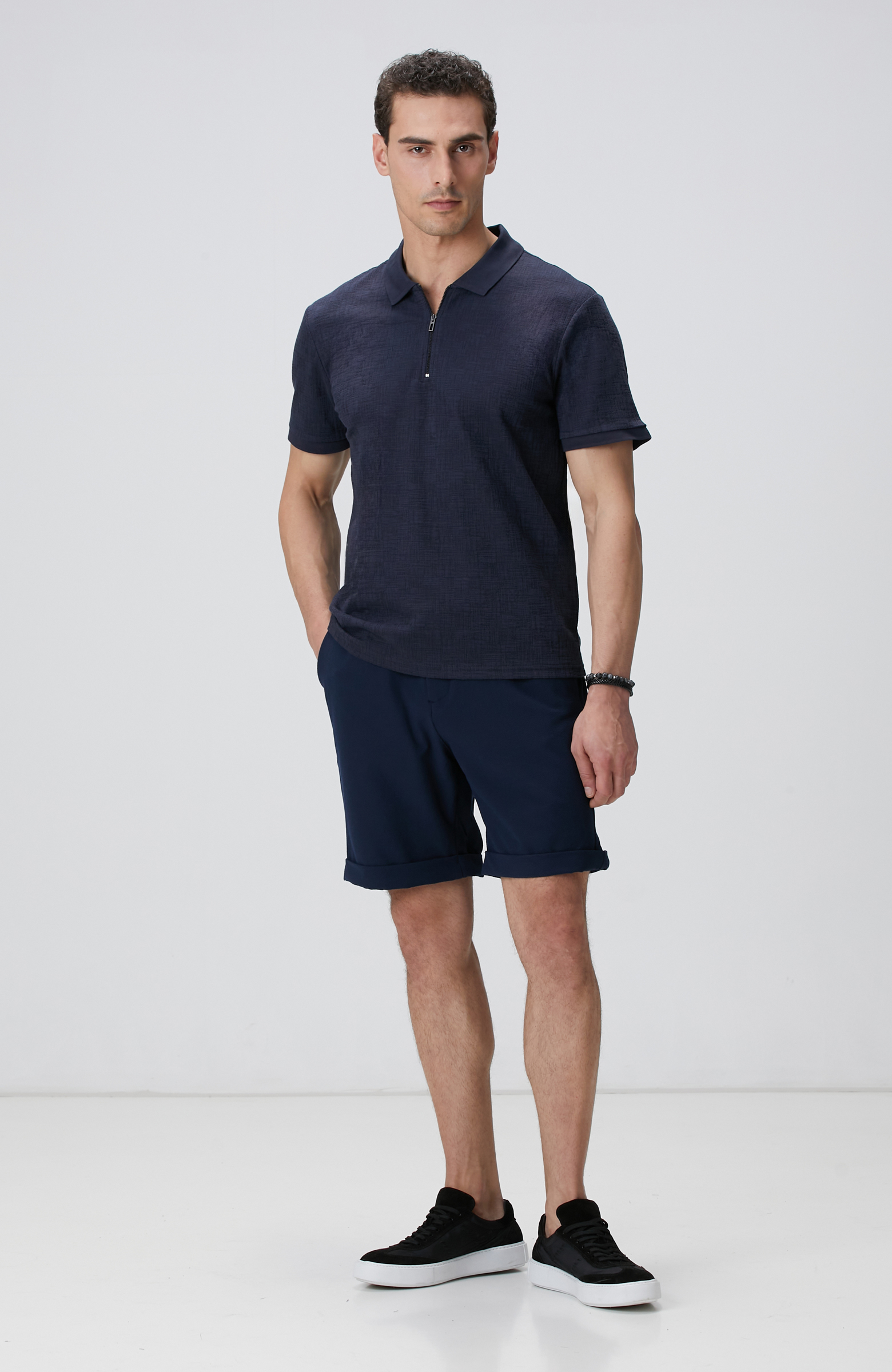 Lacivert Gofre Desenli Şort