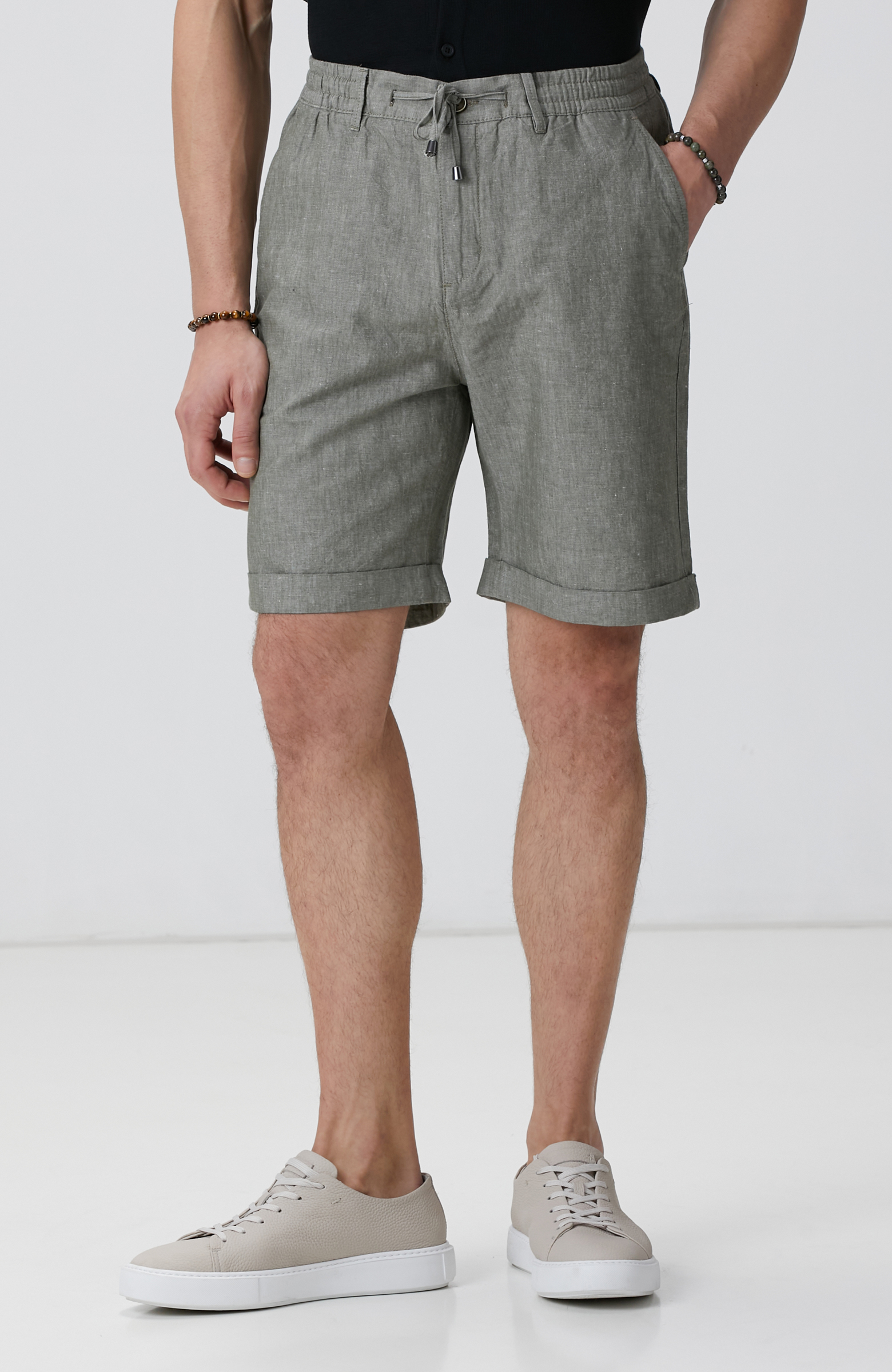 Haki Keten Karışımlı Şort