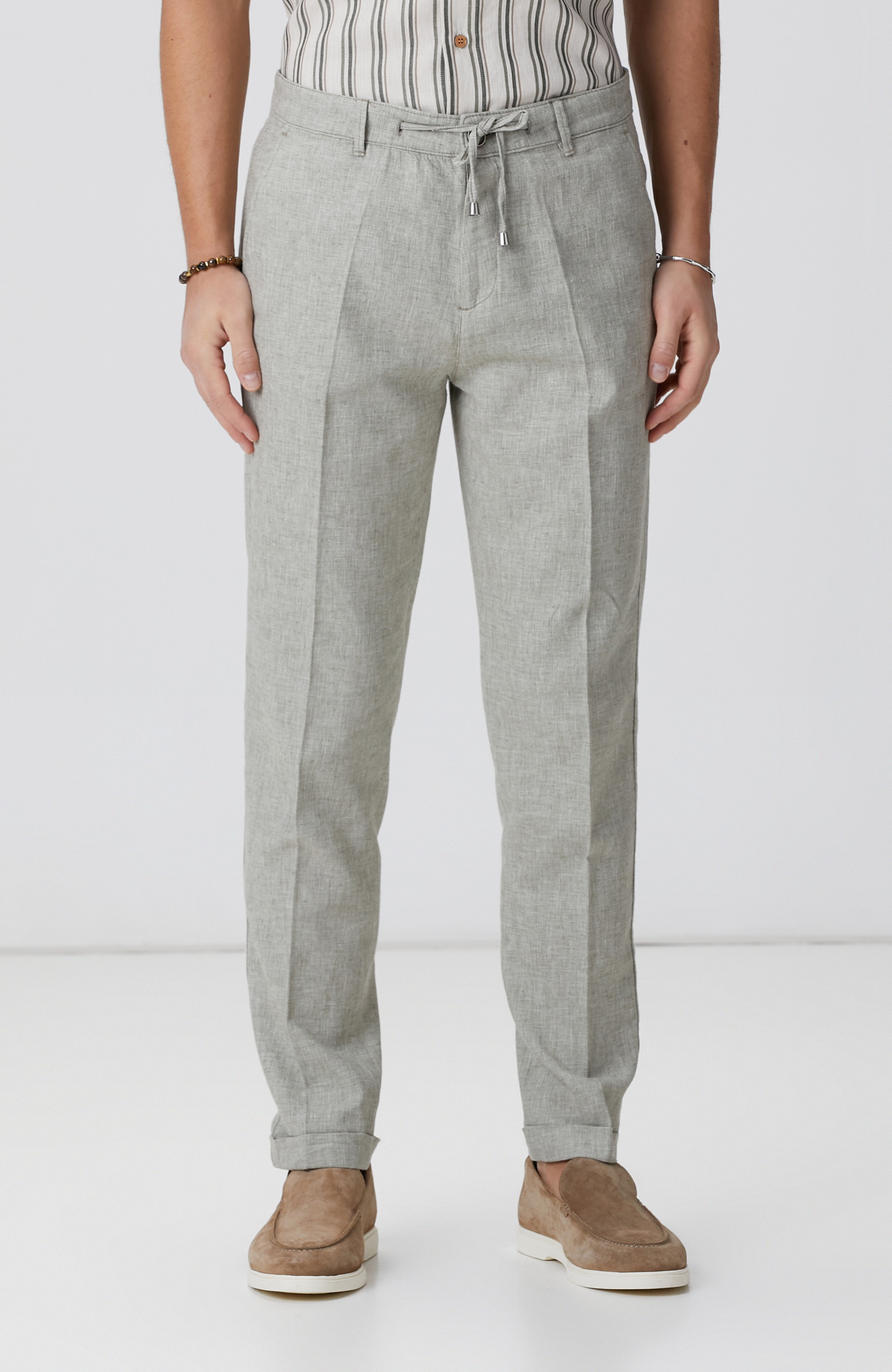 Haki Keten Karışımlı Pantolon