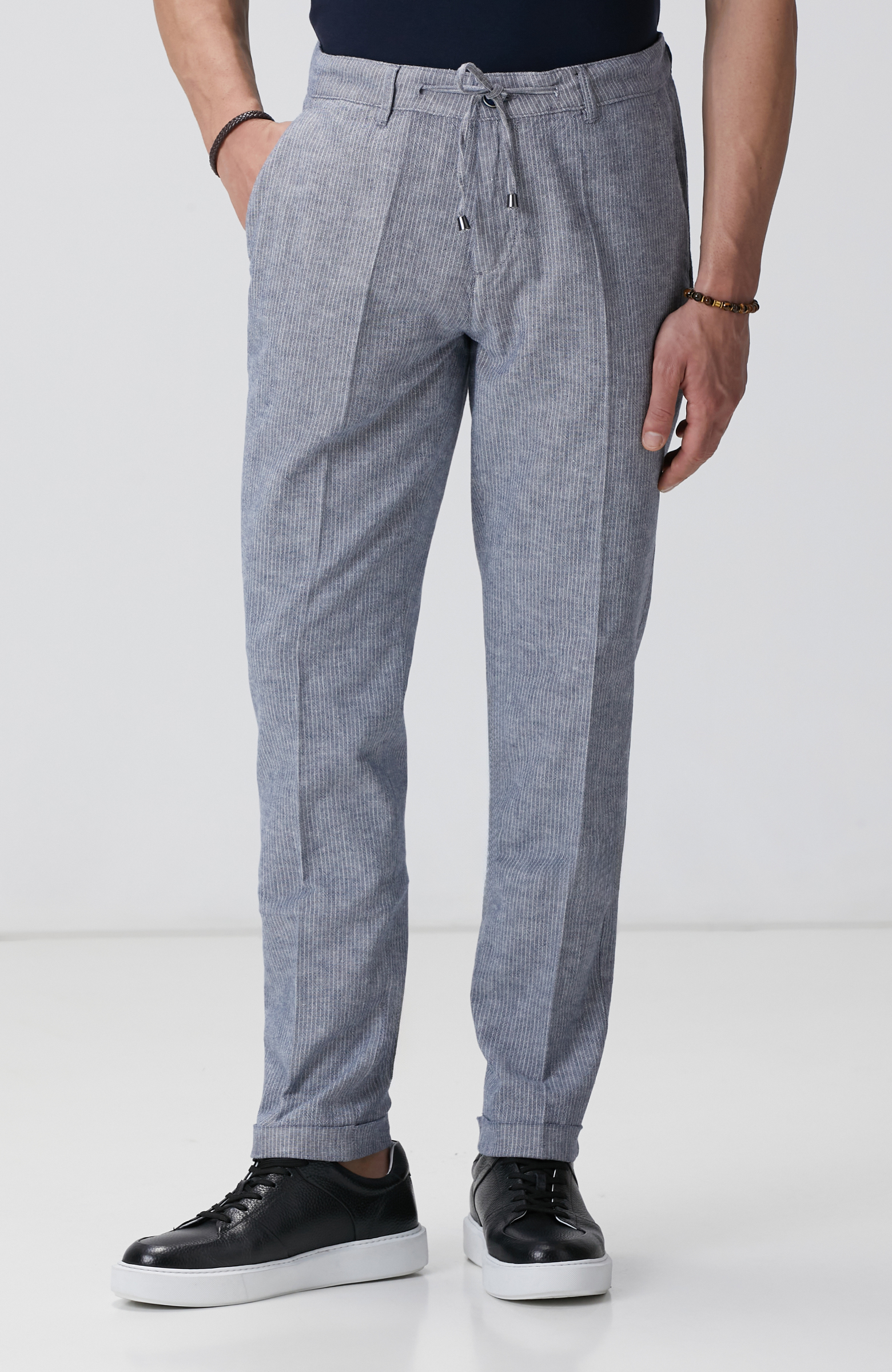 Lacivert Keten Karışımlı Pantolon