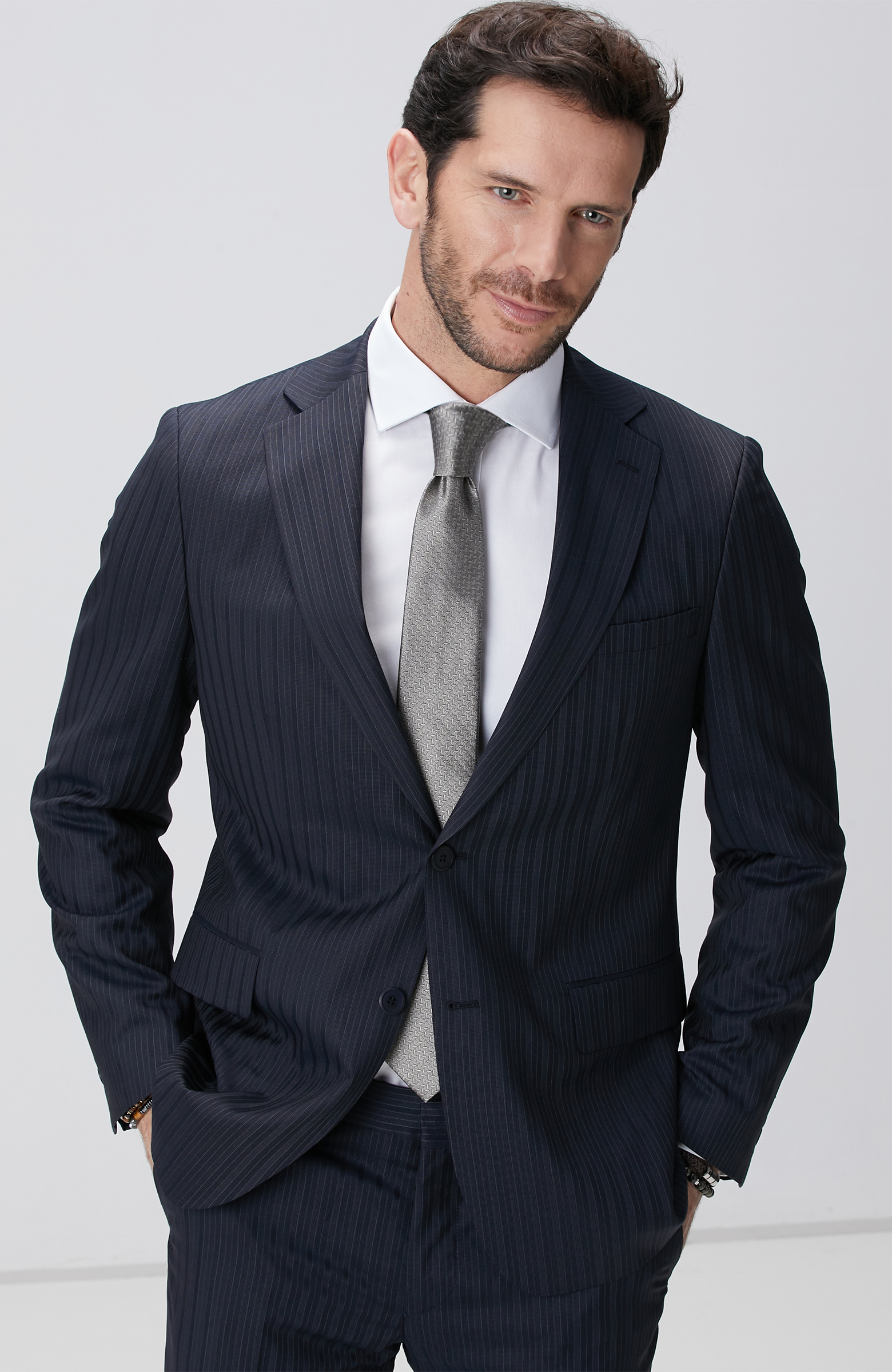 Lacivert Çizgili Yün Saten Karışımlı Takım Elbise