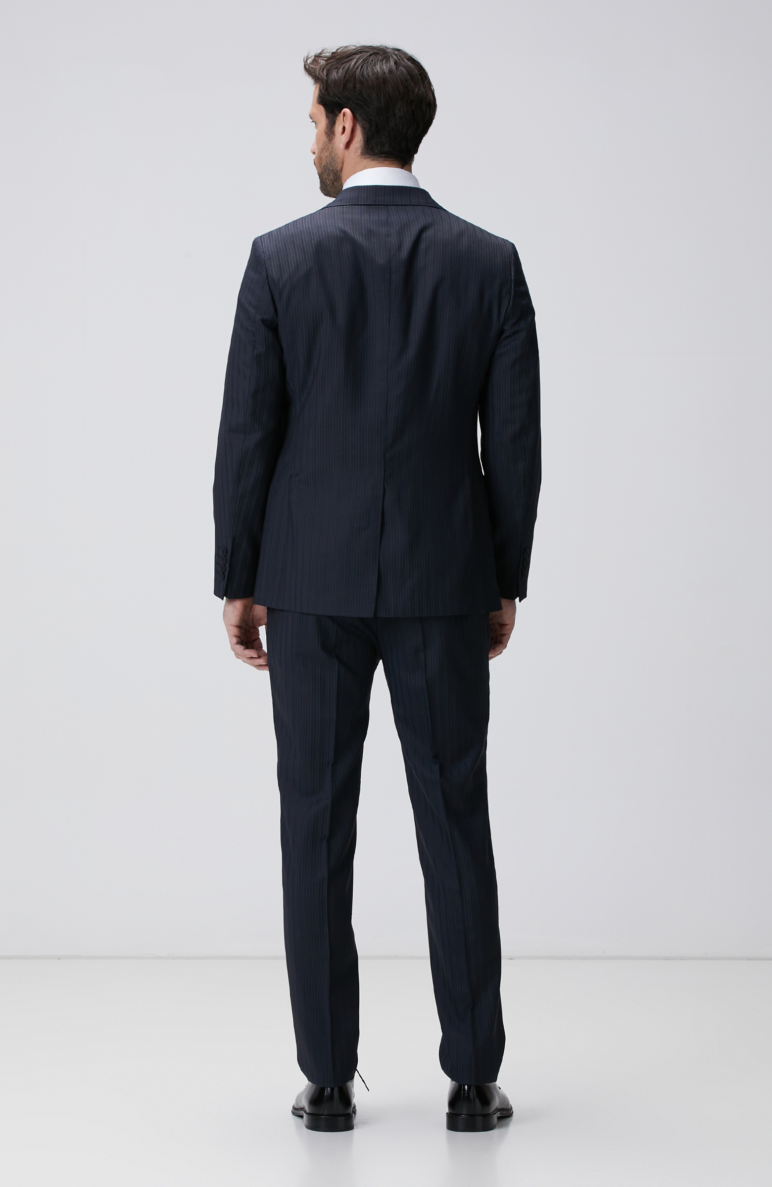 Lacivert Çizgili Yün Saten Karışımlı Takım Elbise