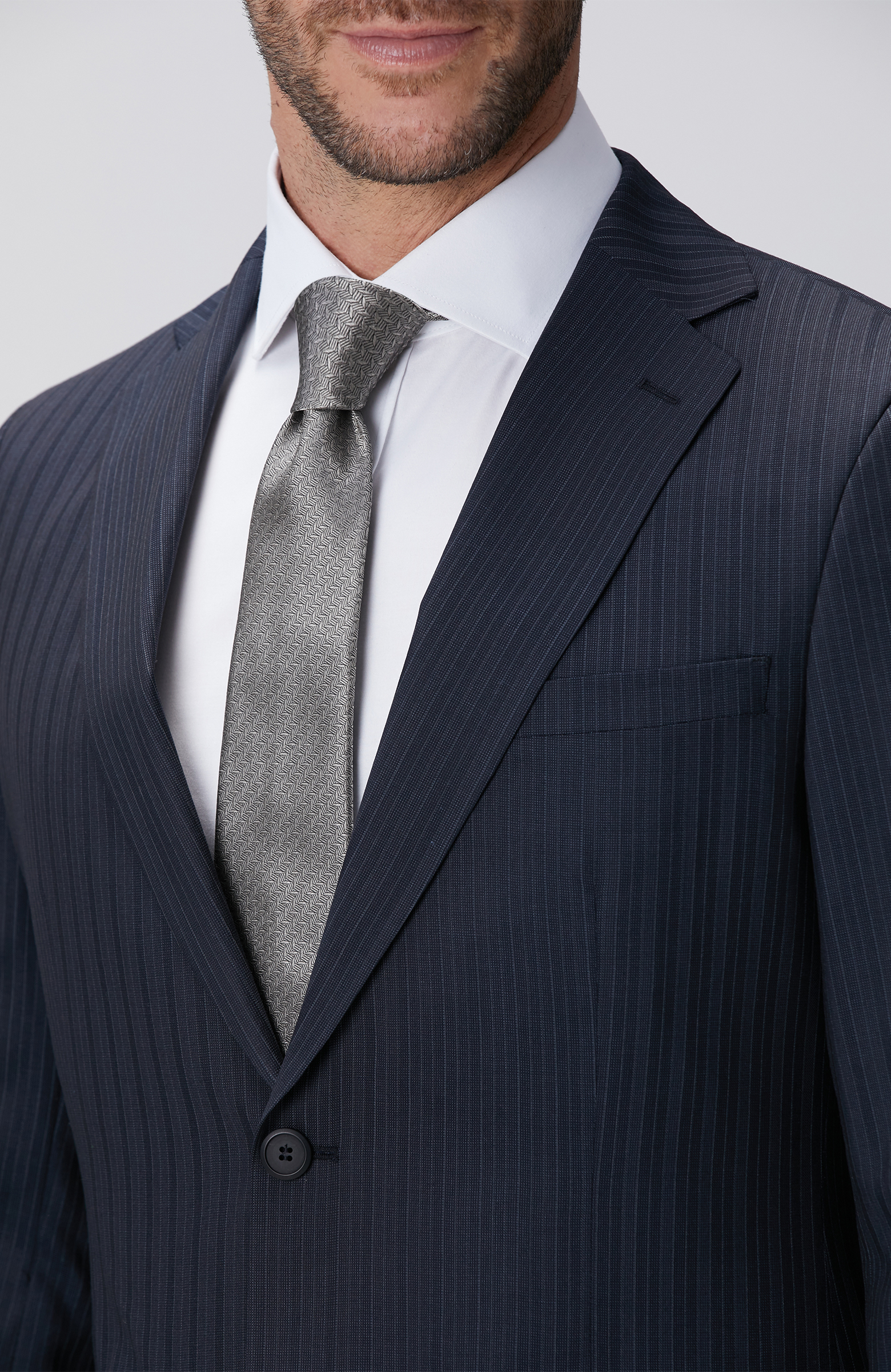 Lacivert Çizgili Yün Saten Karışımlı Takım Elbise