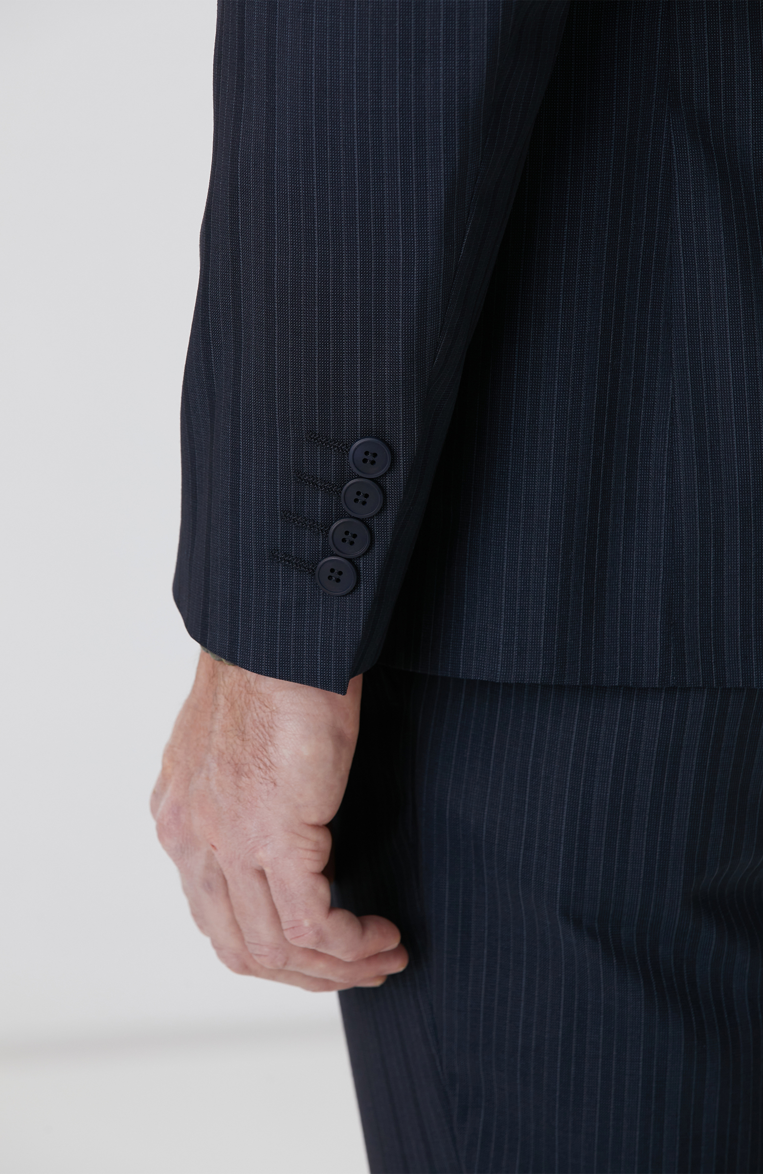 Lacivert Çizgili Yün Saten Karışımlı Takım Elbise