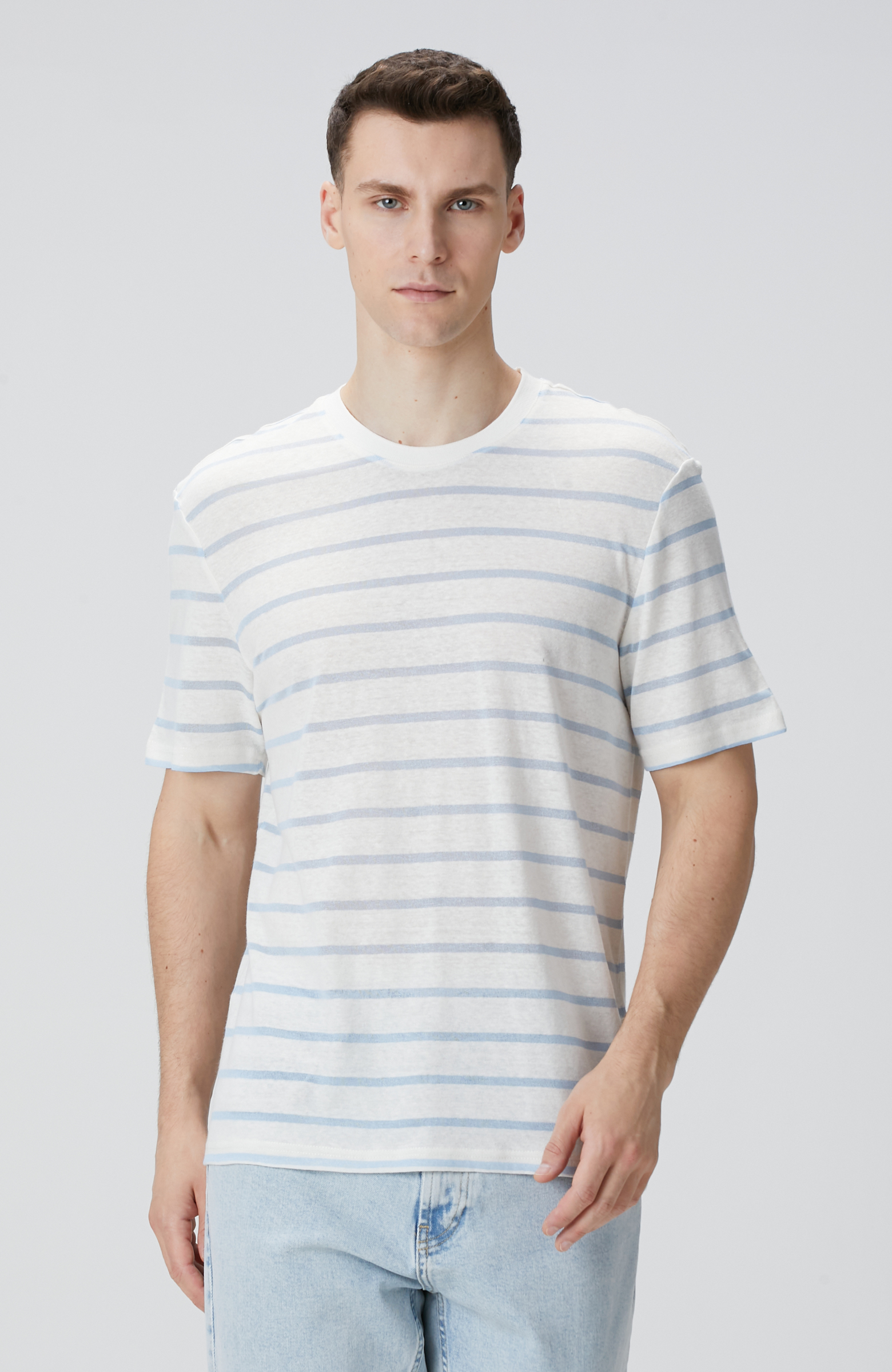 Kırık Beyaz Mavi Keten Karışımlı T-shirt