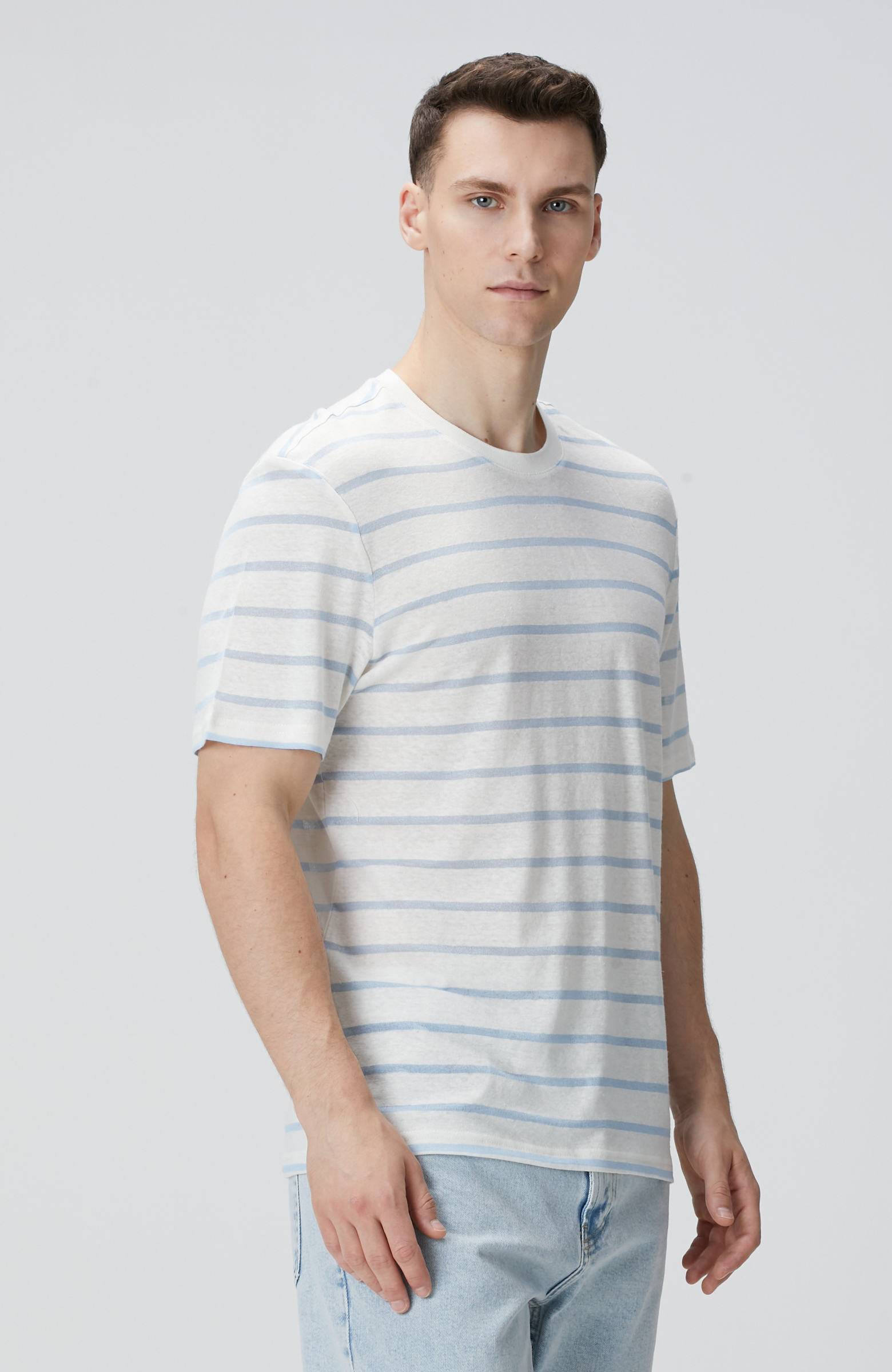 Kırık Beyaz Mavi Keten Karışımlı T-shirt