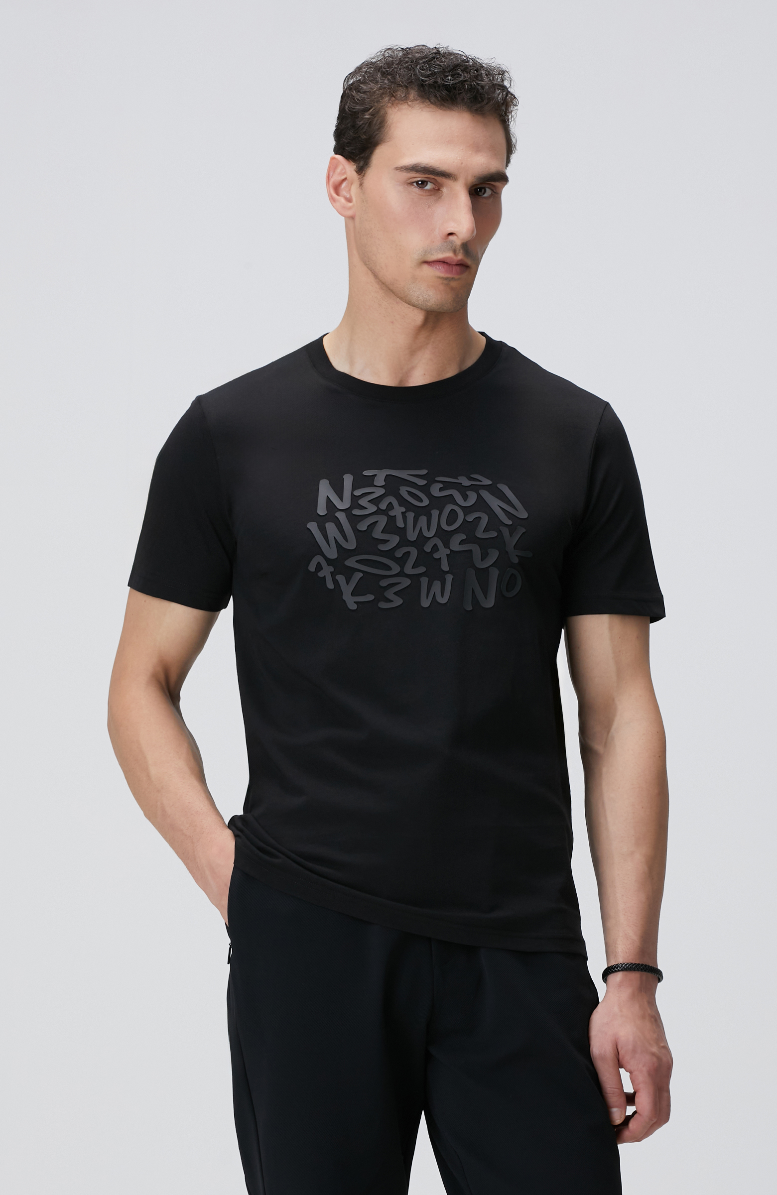 Siyah Network Baskılı Örme T-shirt