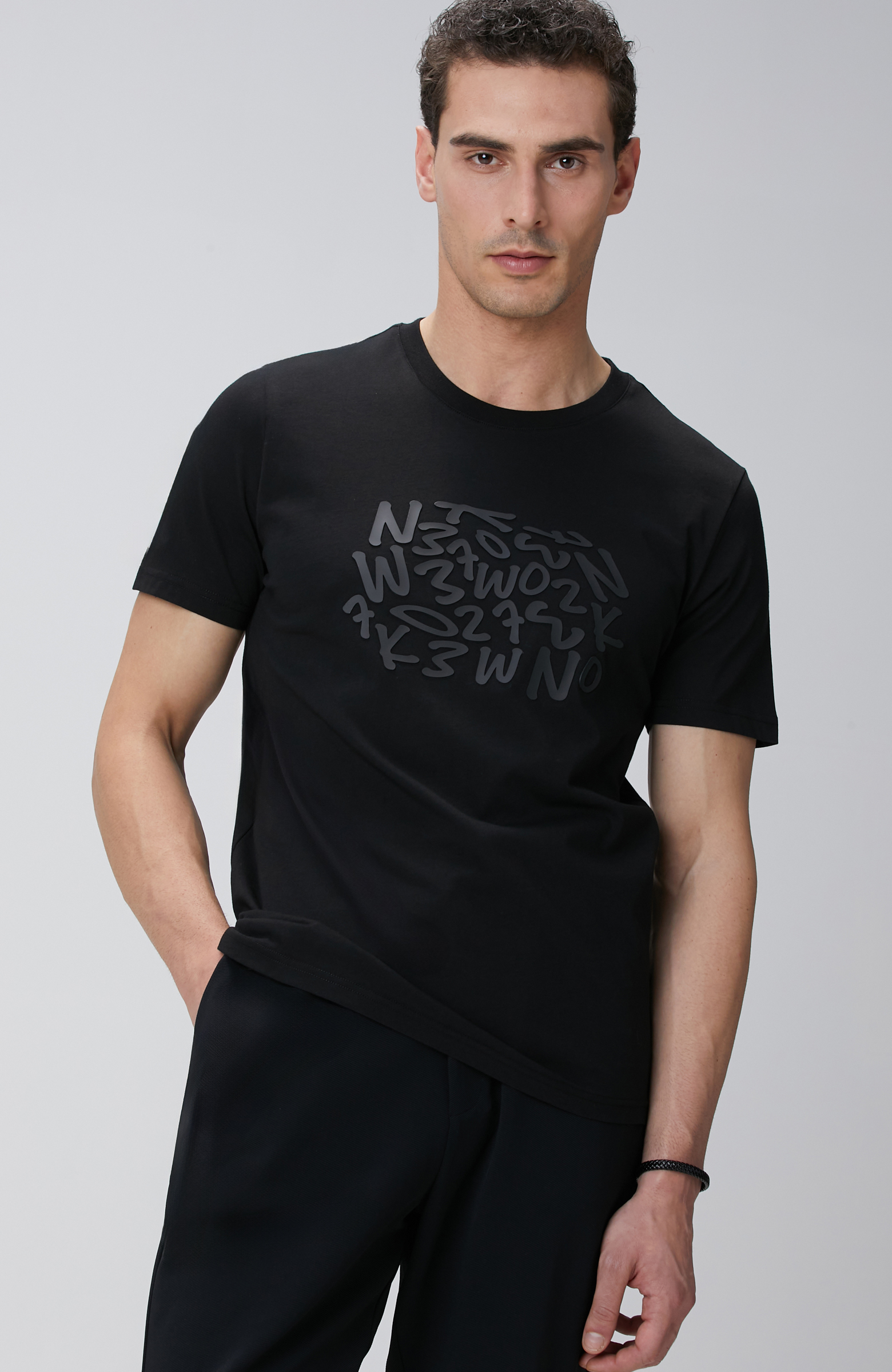 Siyah Network Baskılı Örme T-shirt