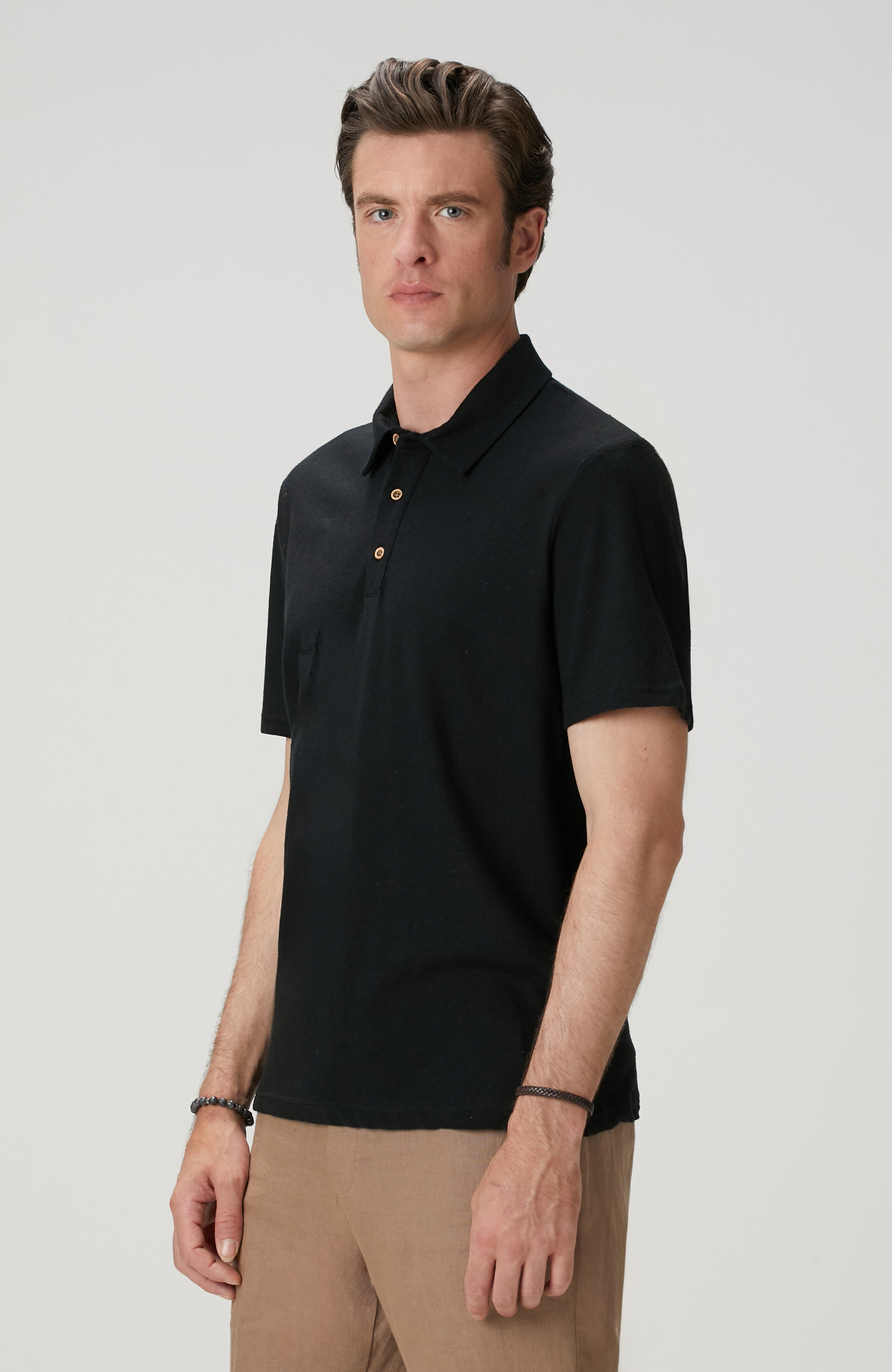 Siyah Keten Karışımlı T-shirt