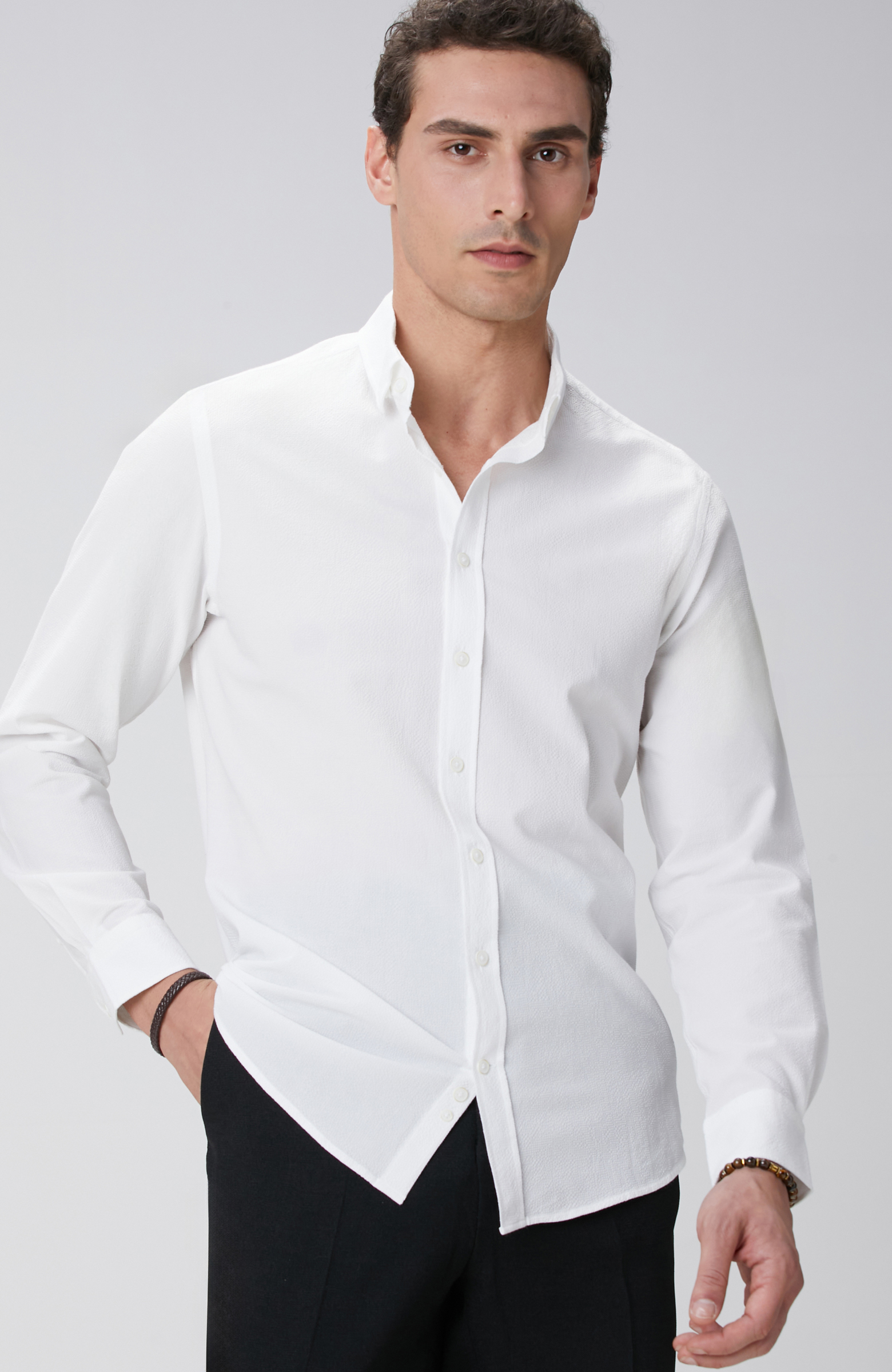 Beyaz Gofre Desenli Gömlek