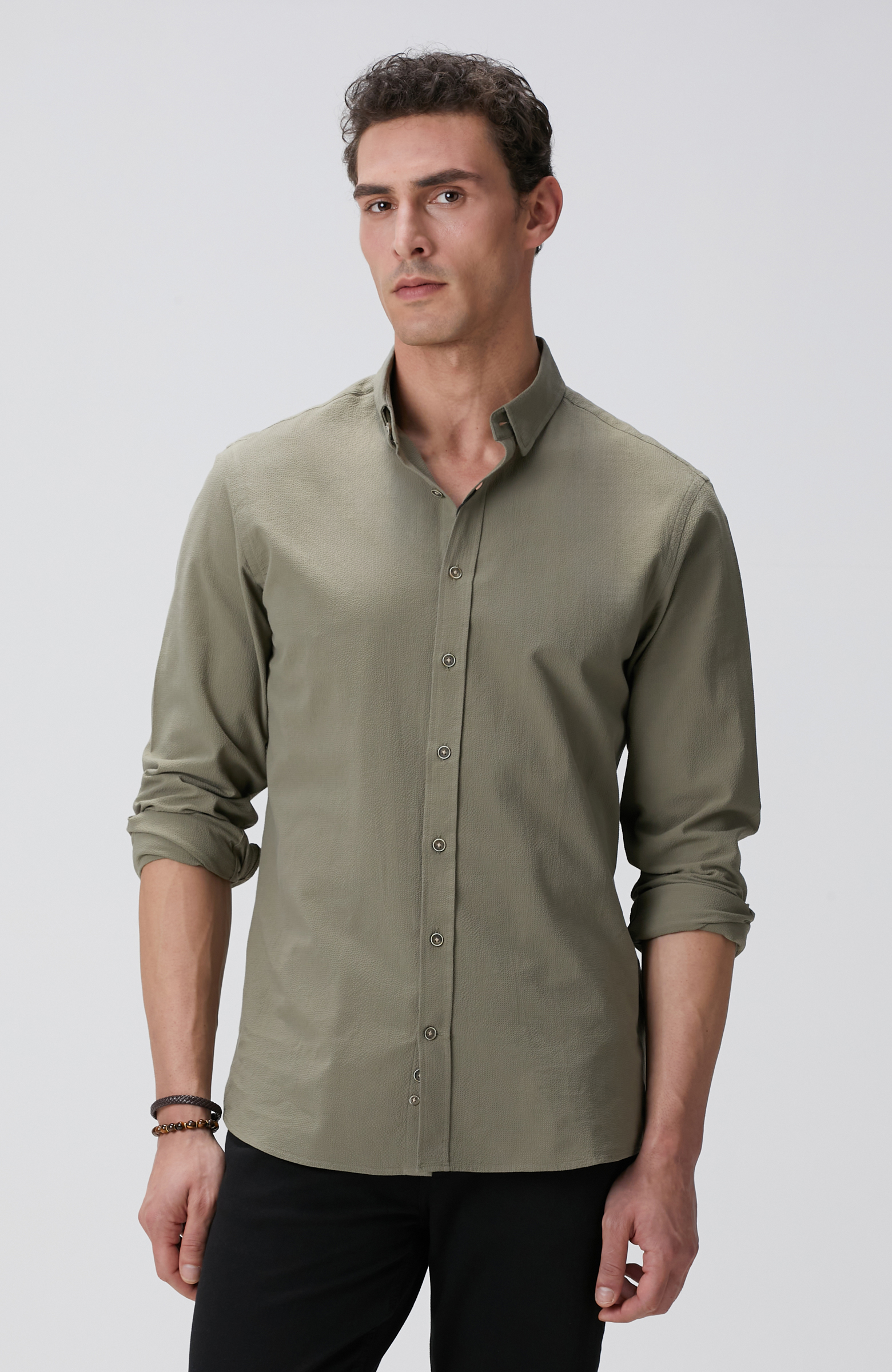 Haki Gofre Desenli Gömlek