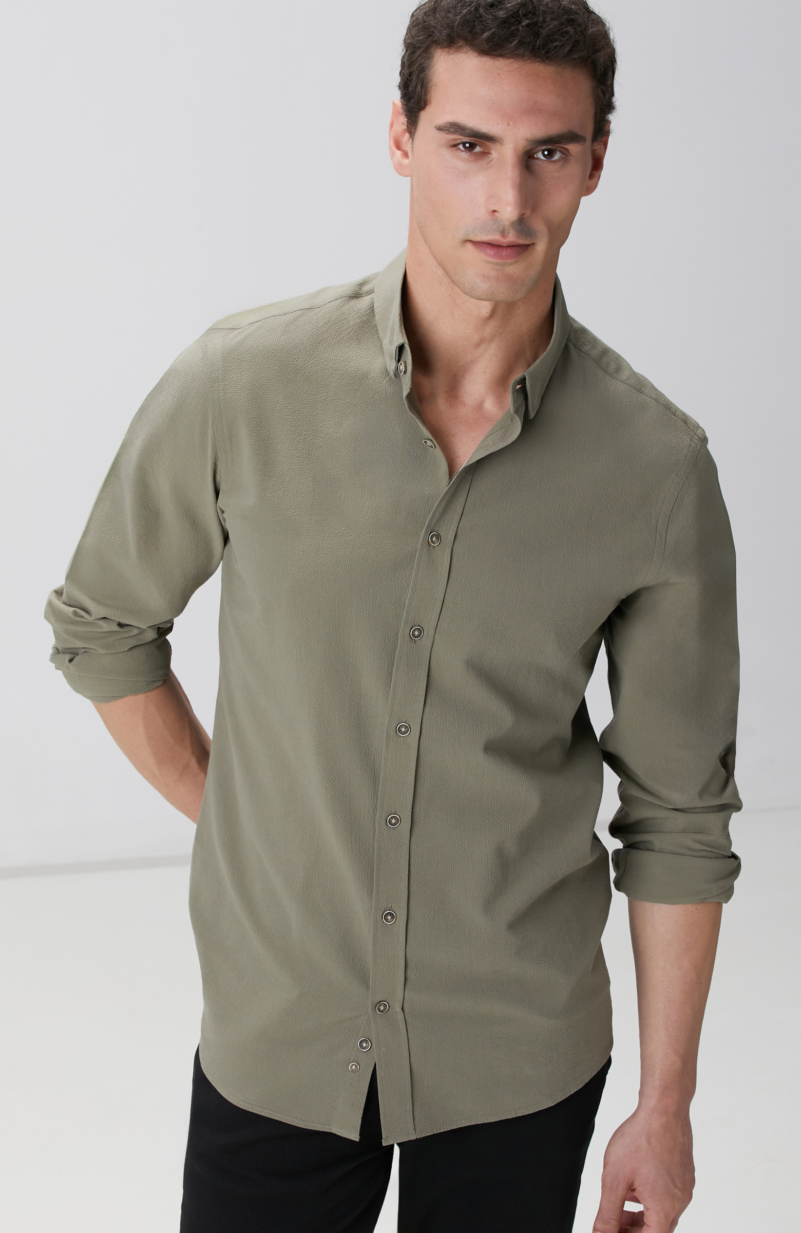 Haki Gofre Desenli Gömlek