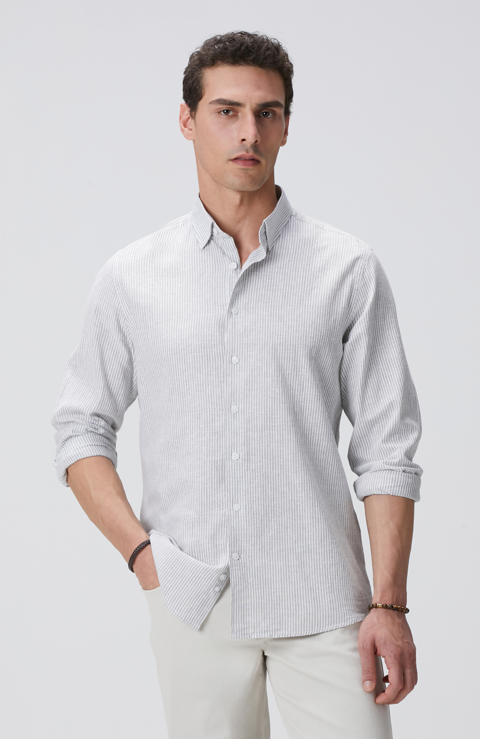 Gri Beyaz Çizgili Keten Karışımlı Gömlek