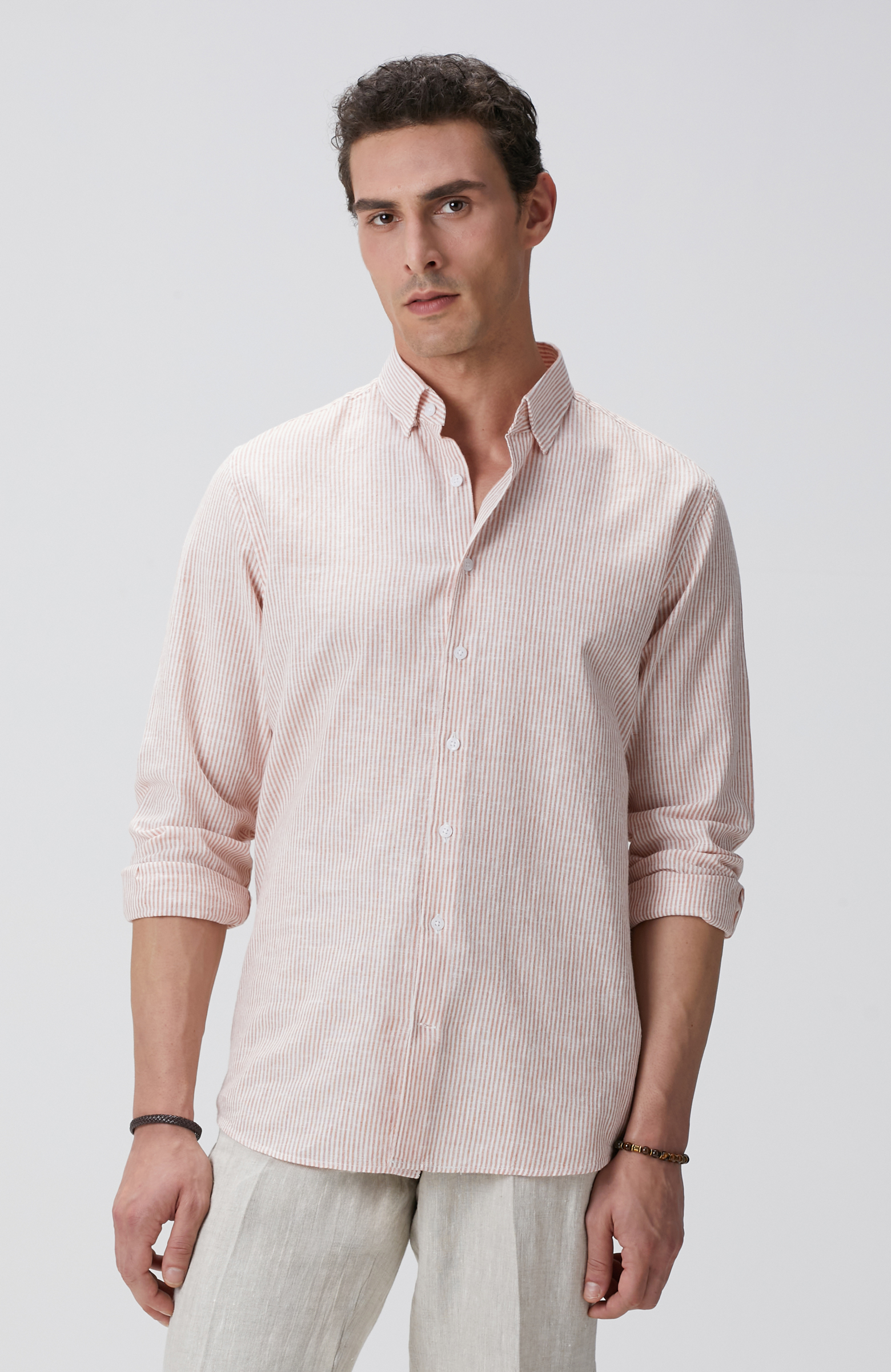 Beyaz Turuncu Çizgili Keten Karışımlı Gömlek