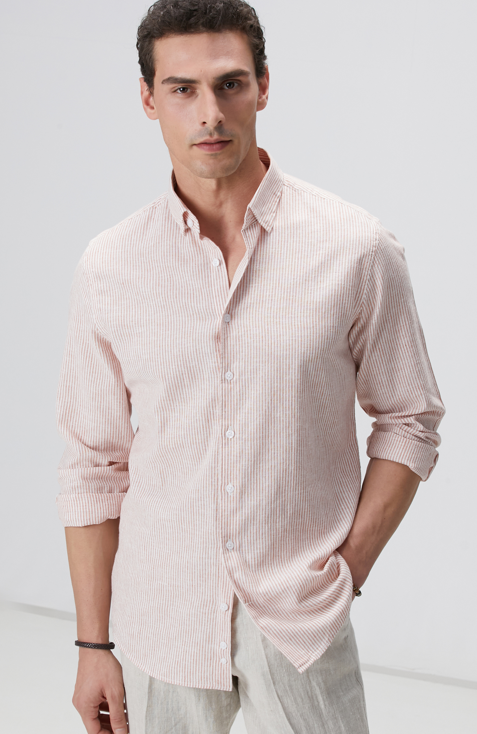 Beyaz Turuncu Çizgili Keten Karışımlı Gömlek