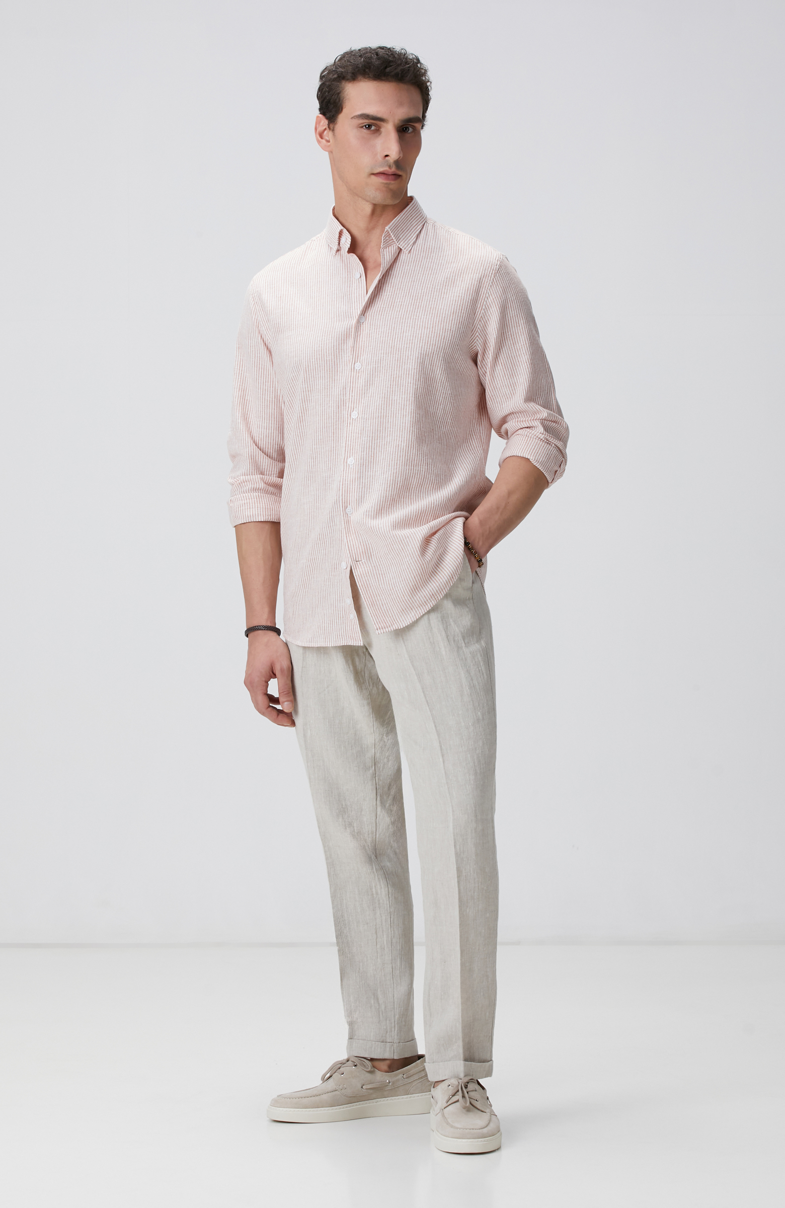 Beyaz Turuncu Çizgili Keten Karışımlı Gömlek