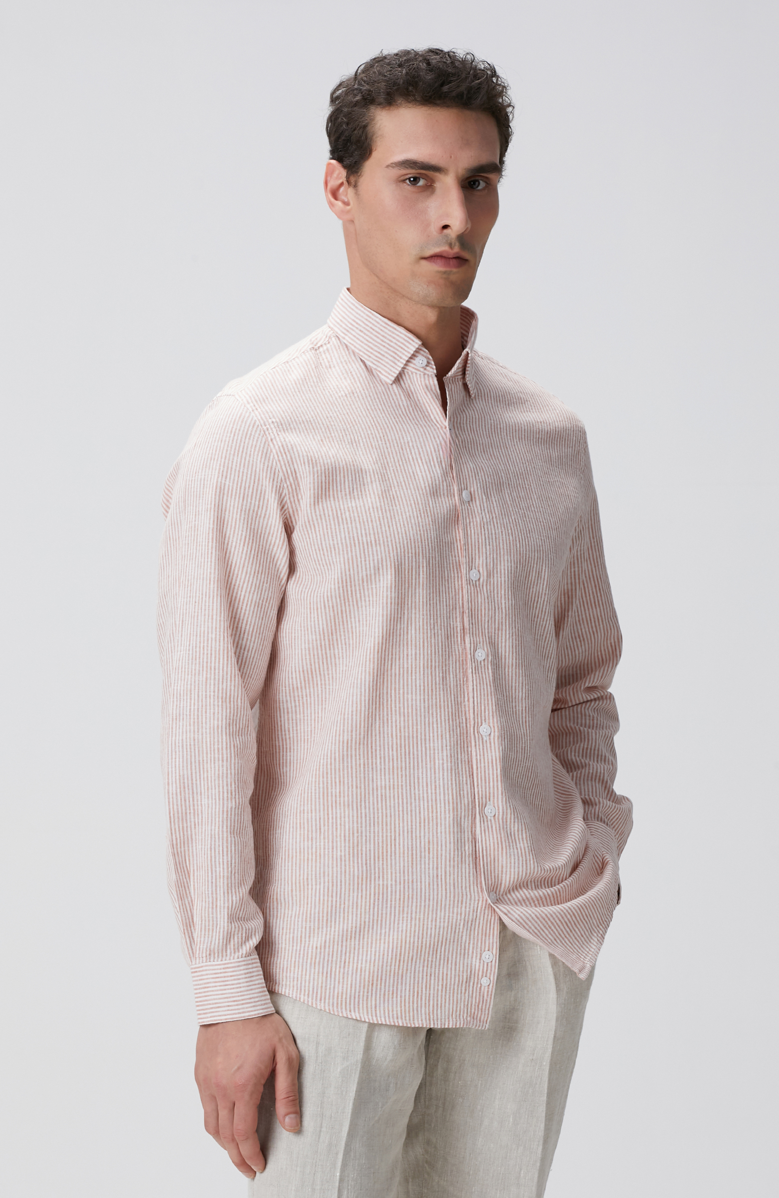 Beyaz Turuncu Çizgili Keten Karışımlı Gömlek