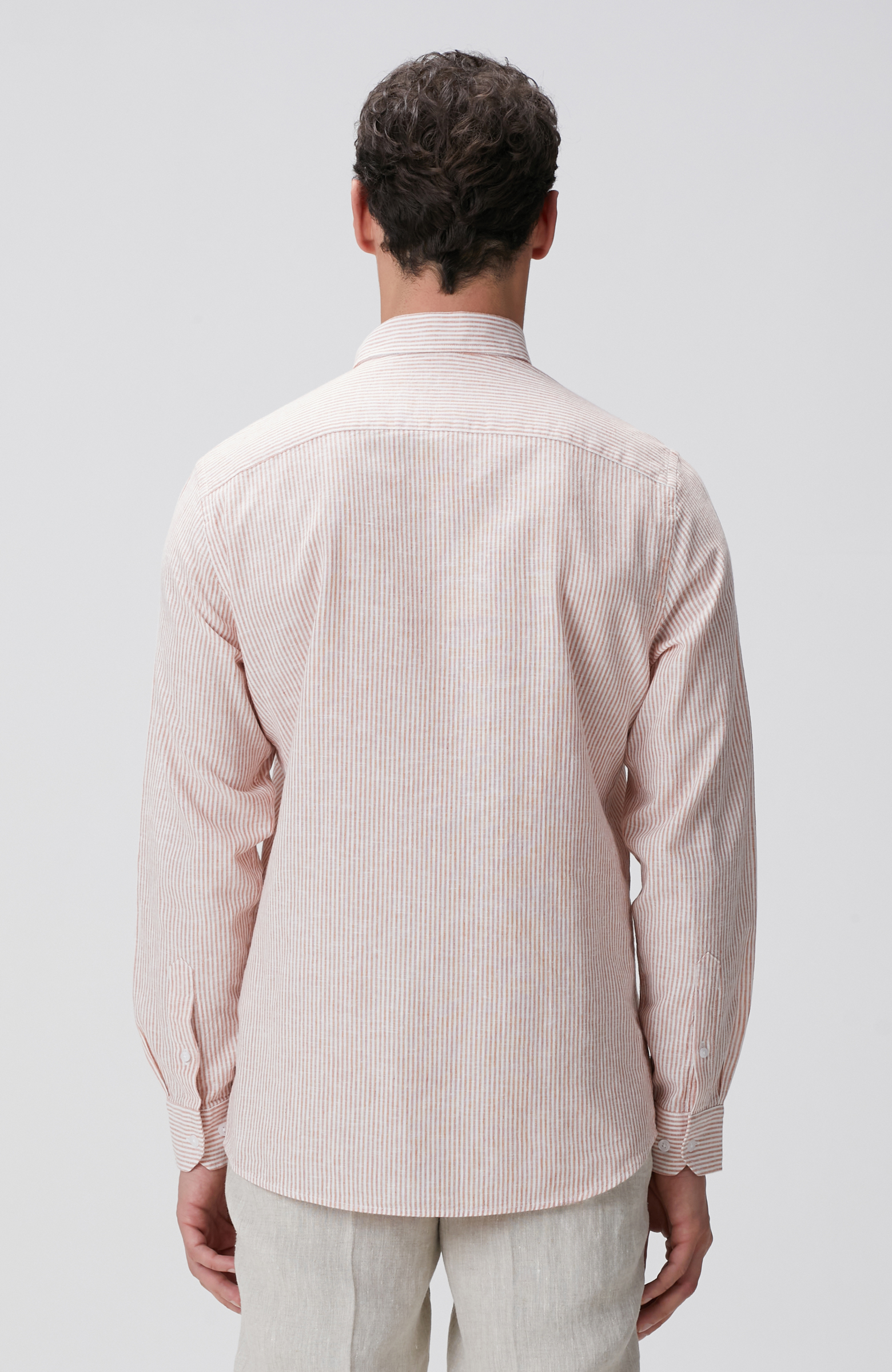 Beyaz Turuncu Çizgili Keten Karışımlı Gömlek