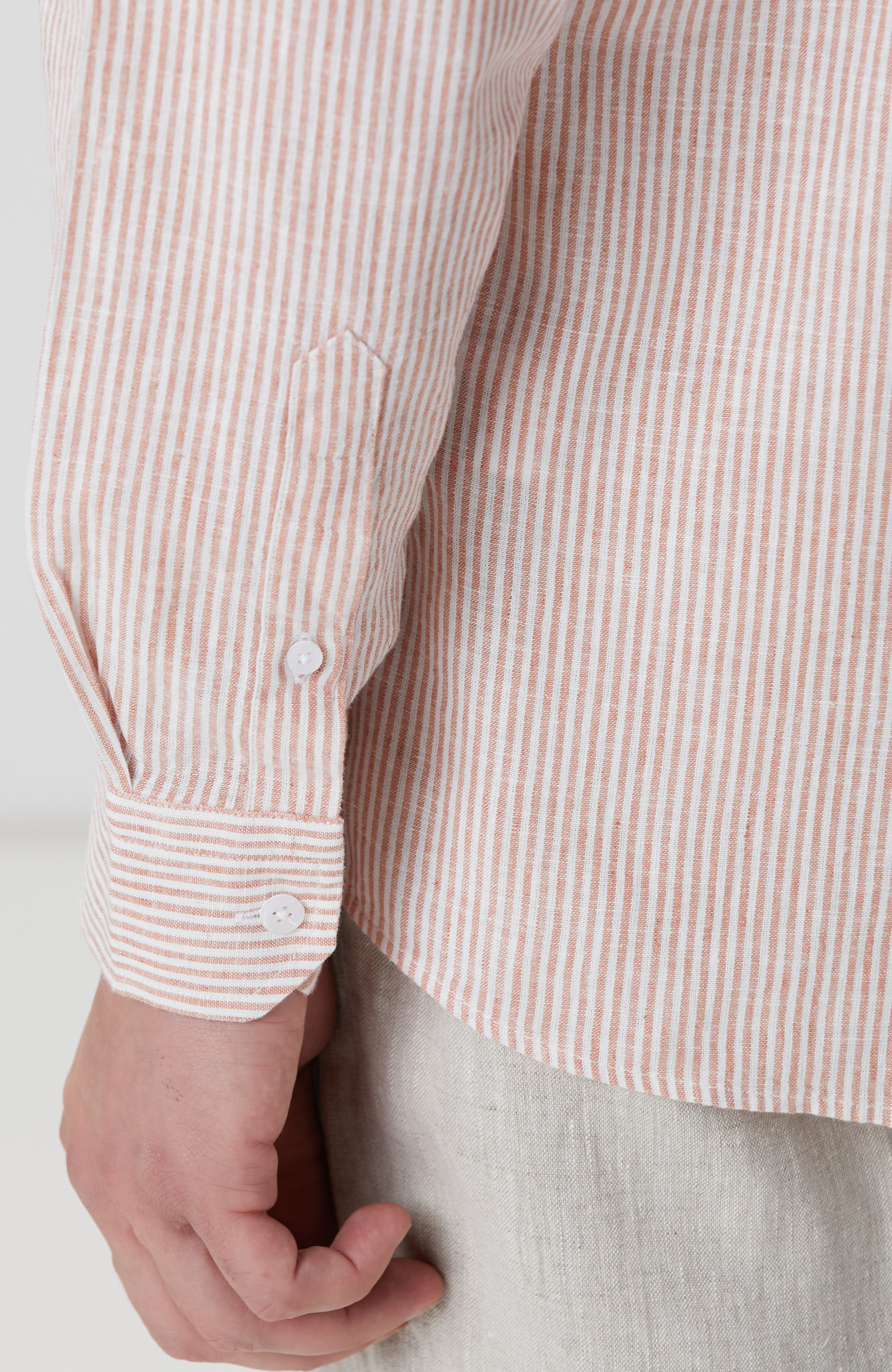 Beyaz Turuncu Çizgili Keten Karışımlı Gömlek