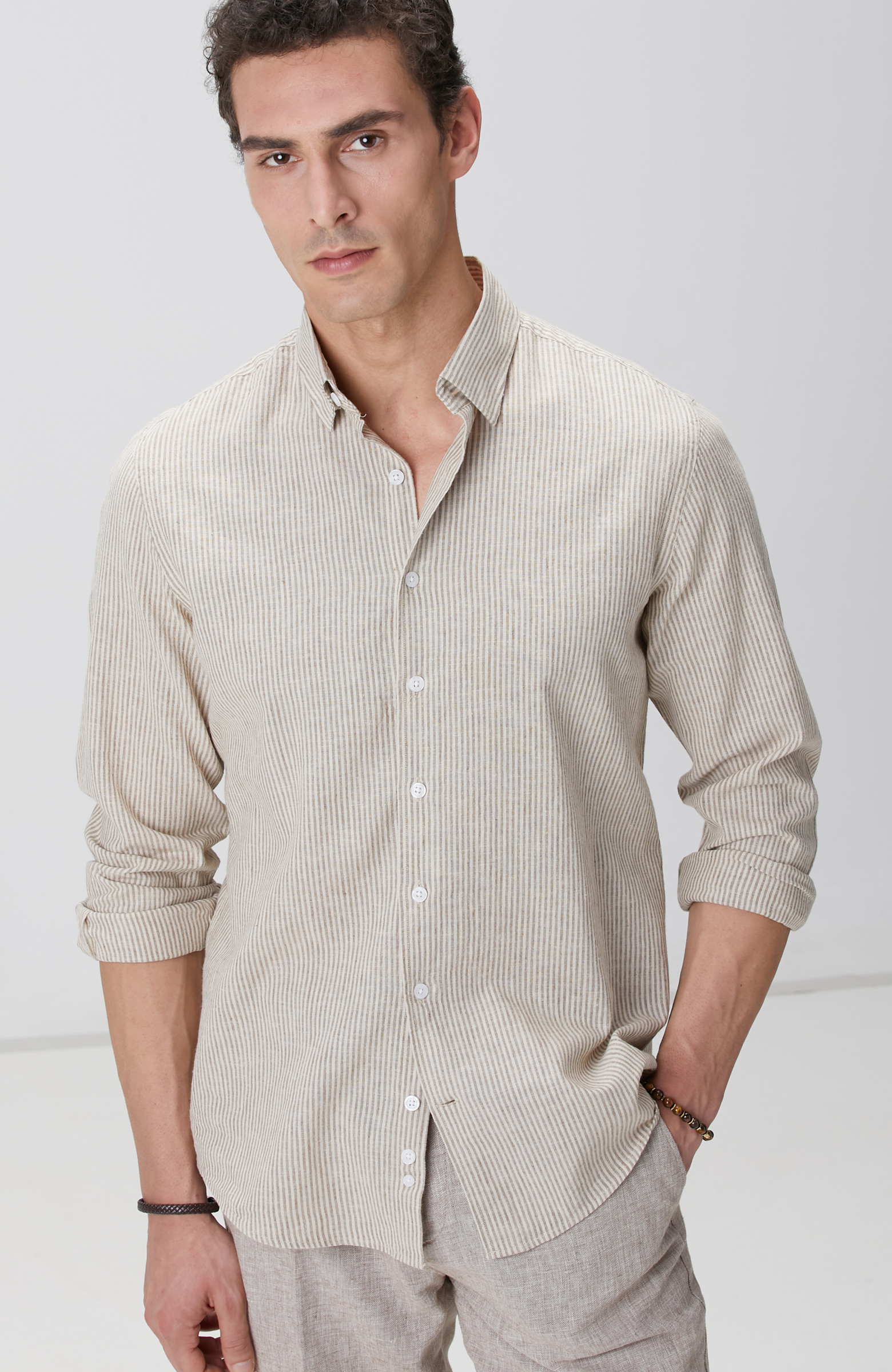 Vizon Çizgili Keten Karışımlı Gömlek