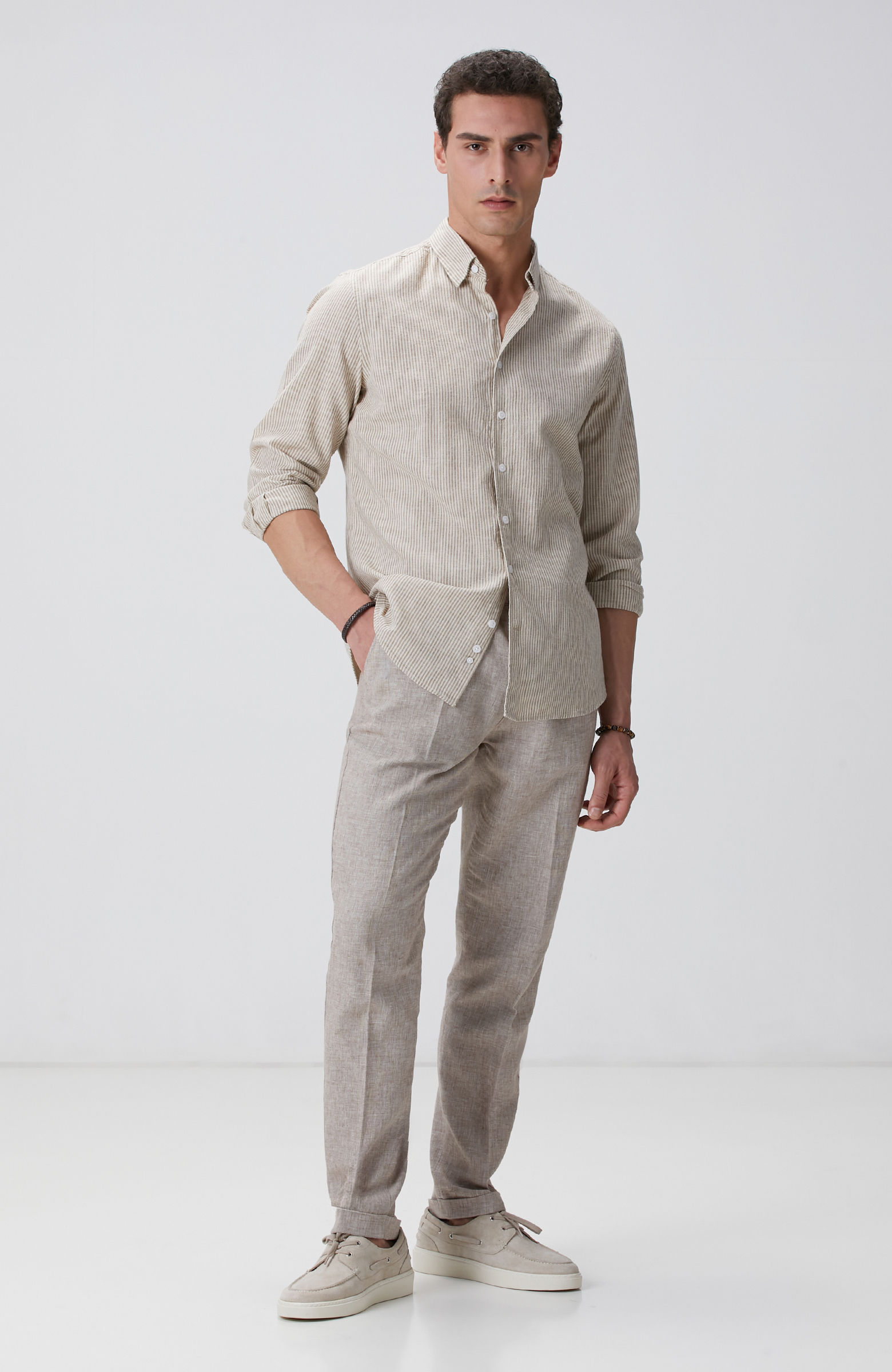 Vizon Çizgili Keten Karışımlı Gömlek