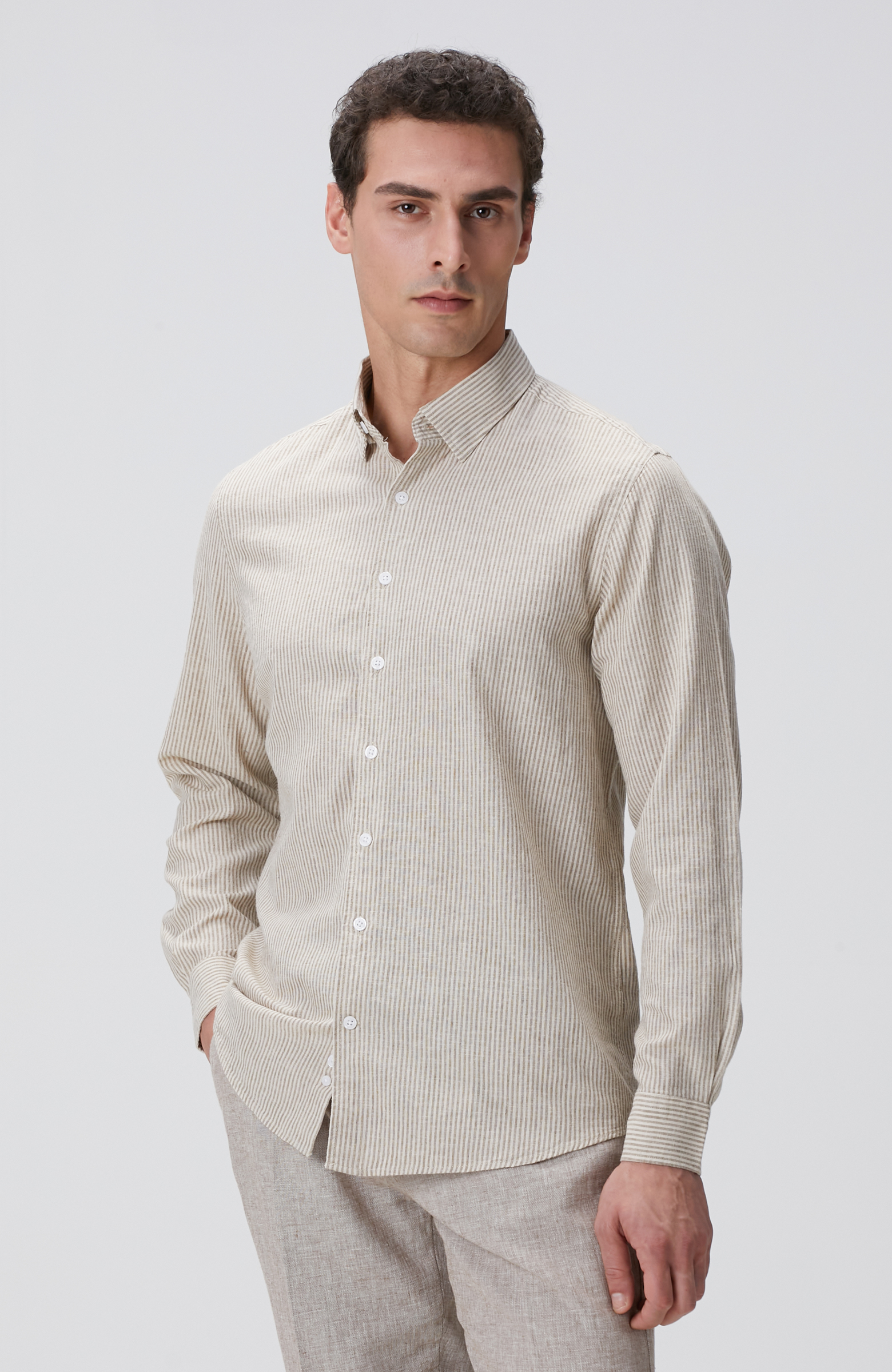 Vizon Çizgili Keten Karışımlı Gömlek