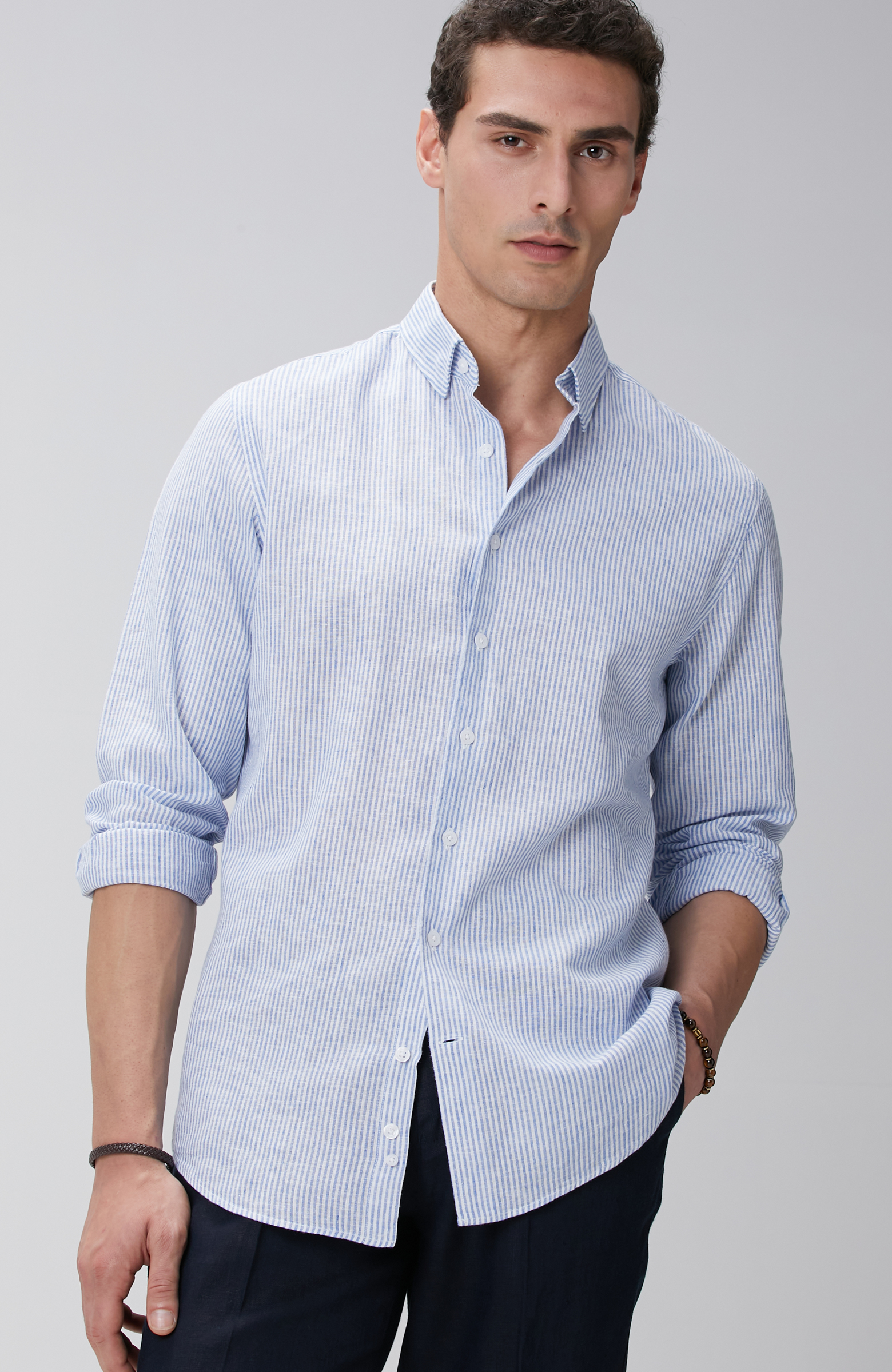 Mavi Beyaz Çizgili Keten Karışımlı Gömlek