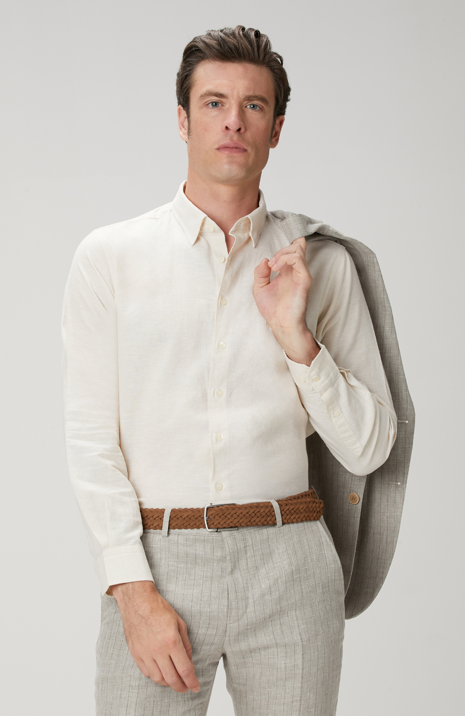 Kırık Beyaz Keten Karışımlı Gömlek