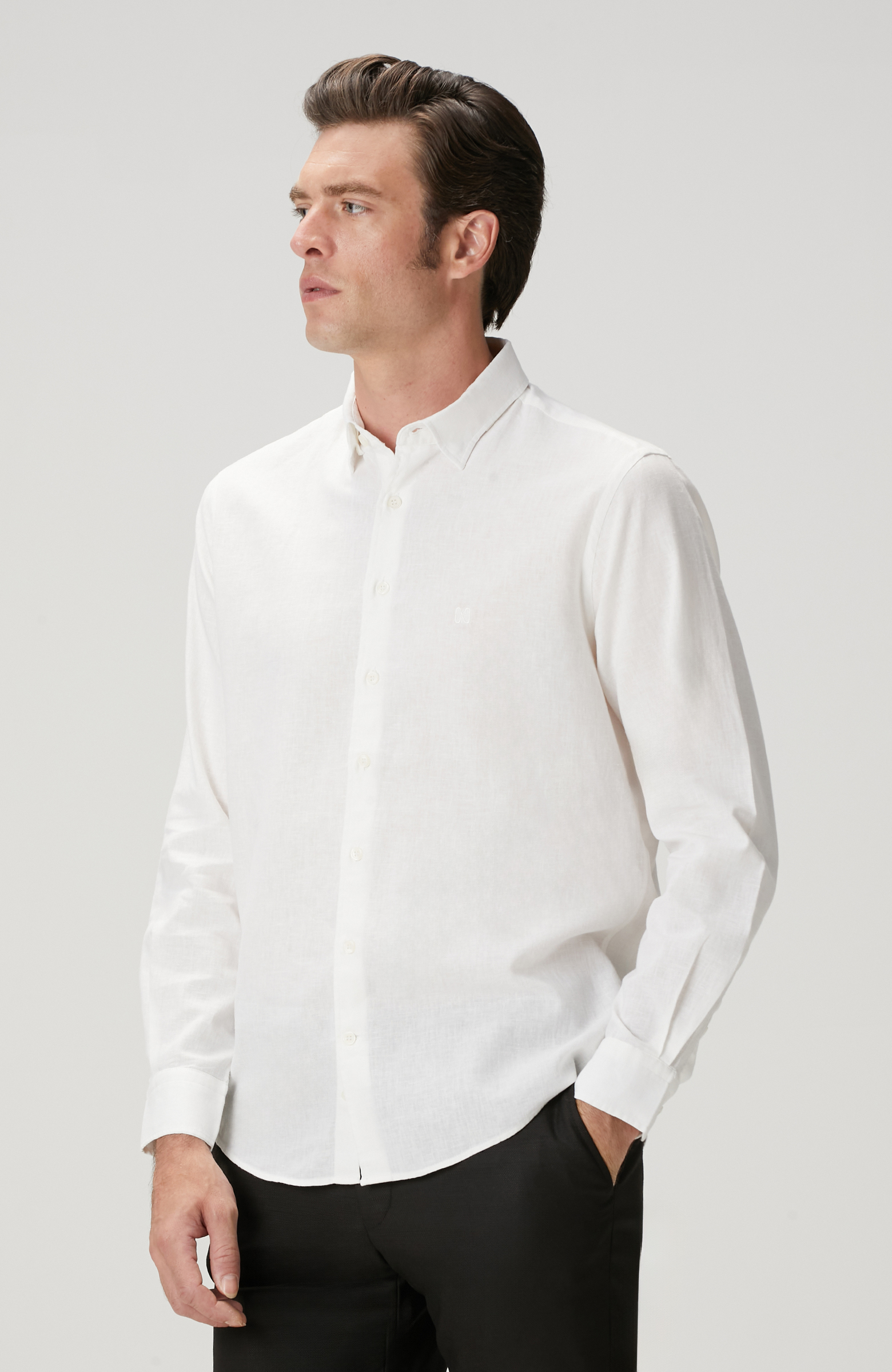 Beyaz Keten Karışımlı Gömlek