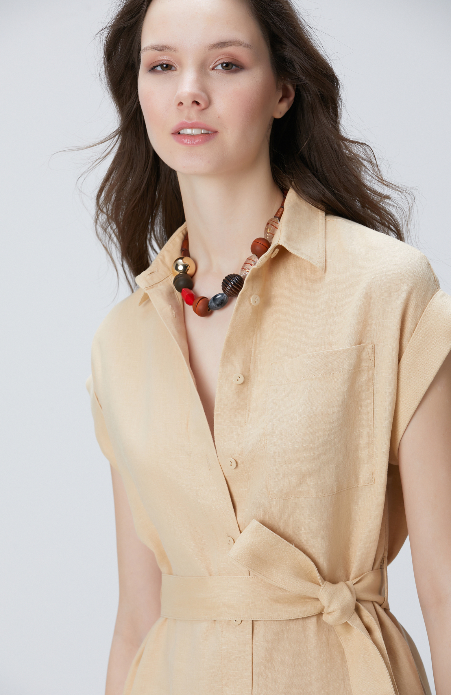 Bej Keten Midi Elbise