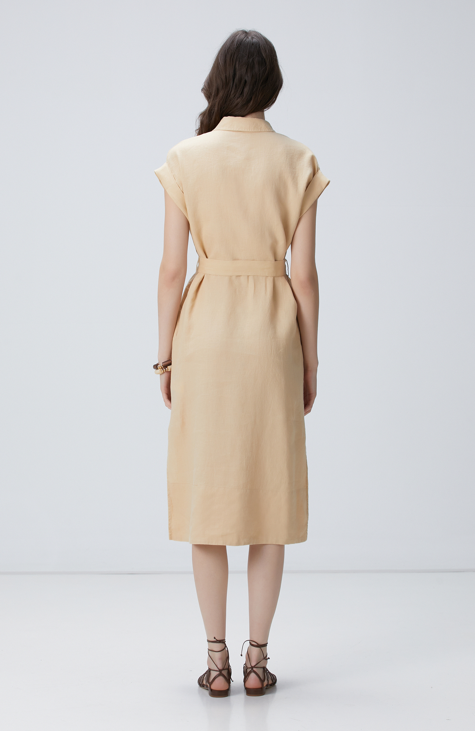 Bej Keten Midi Elbise