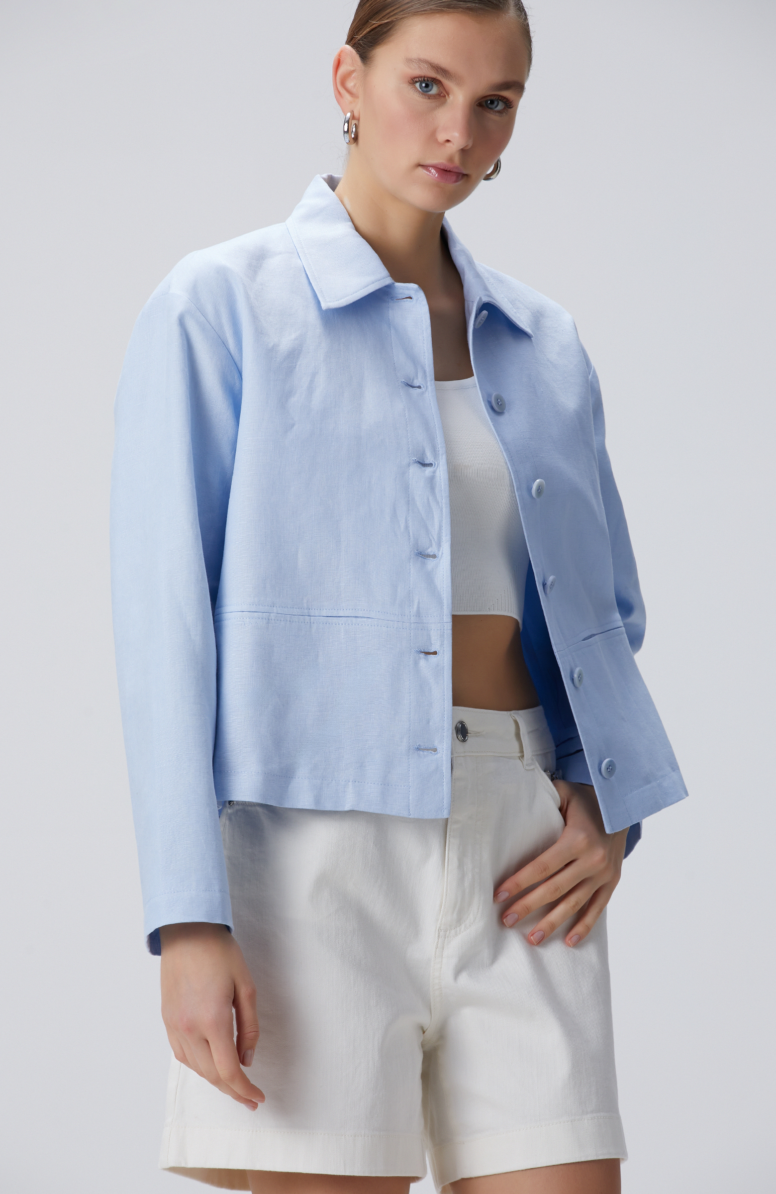 Açık Mavi Keten Ceket