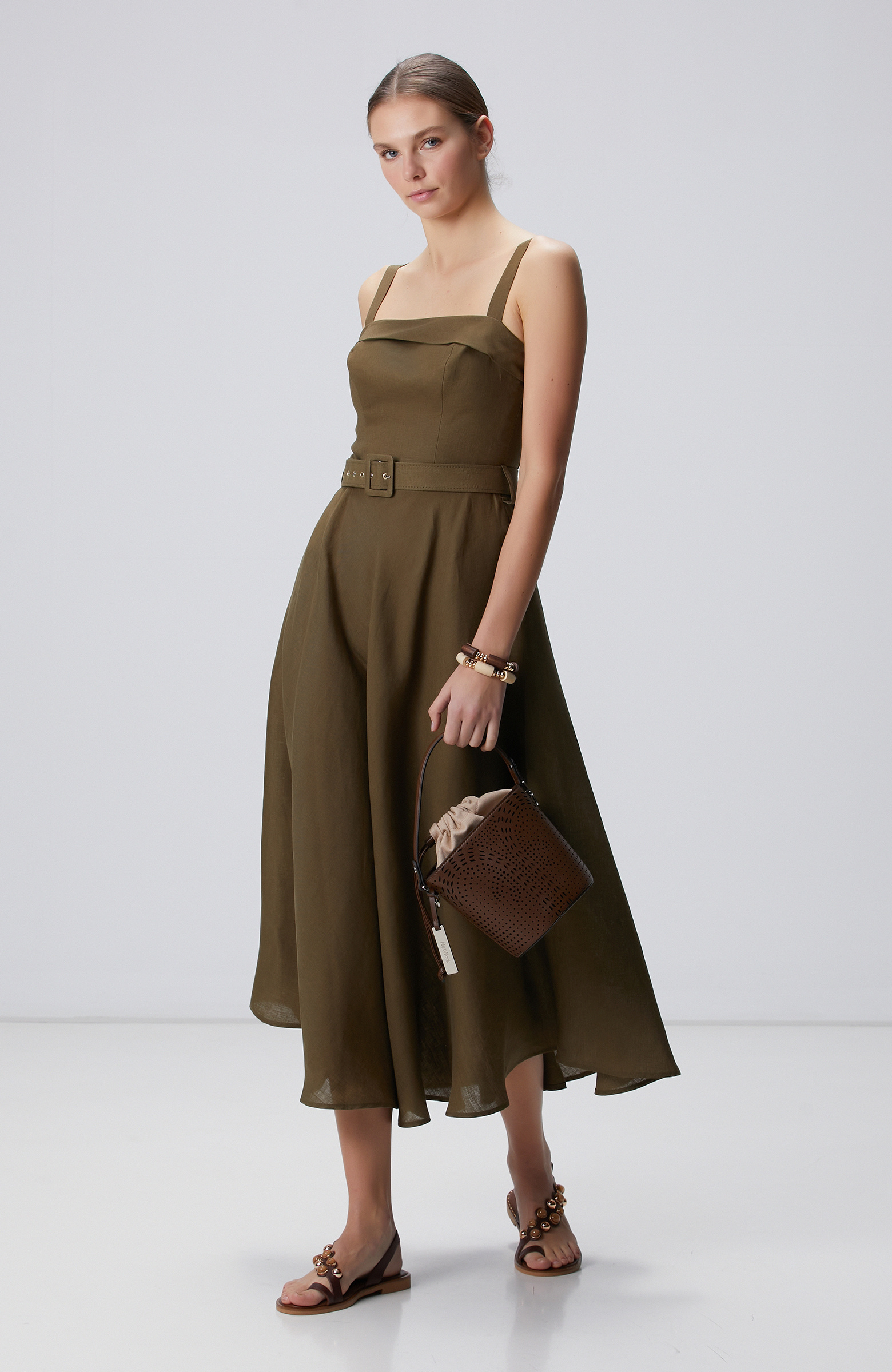 Haki Midi Keten Elbise