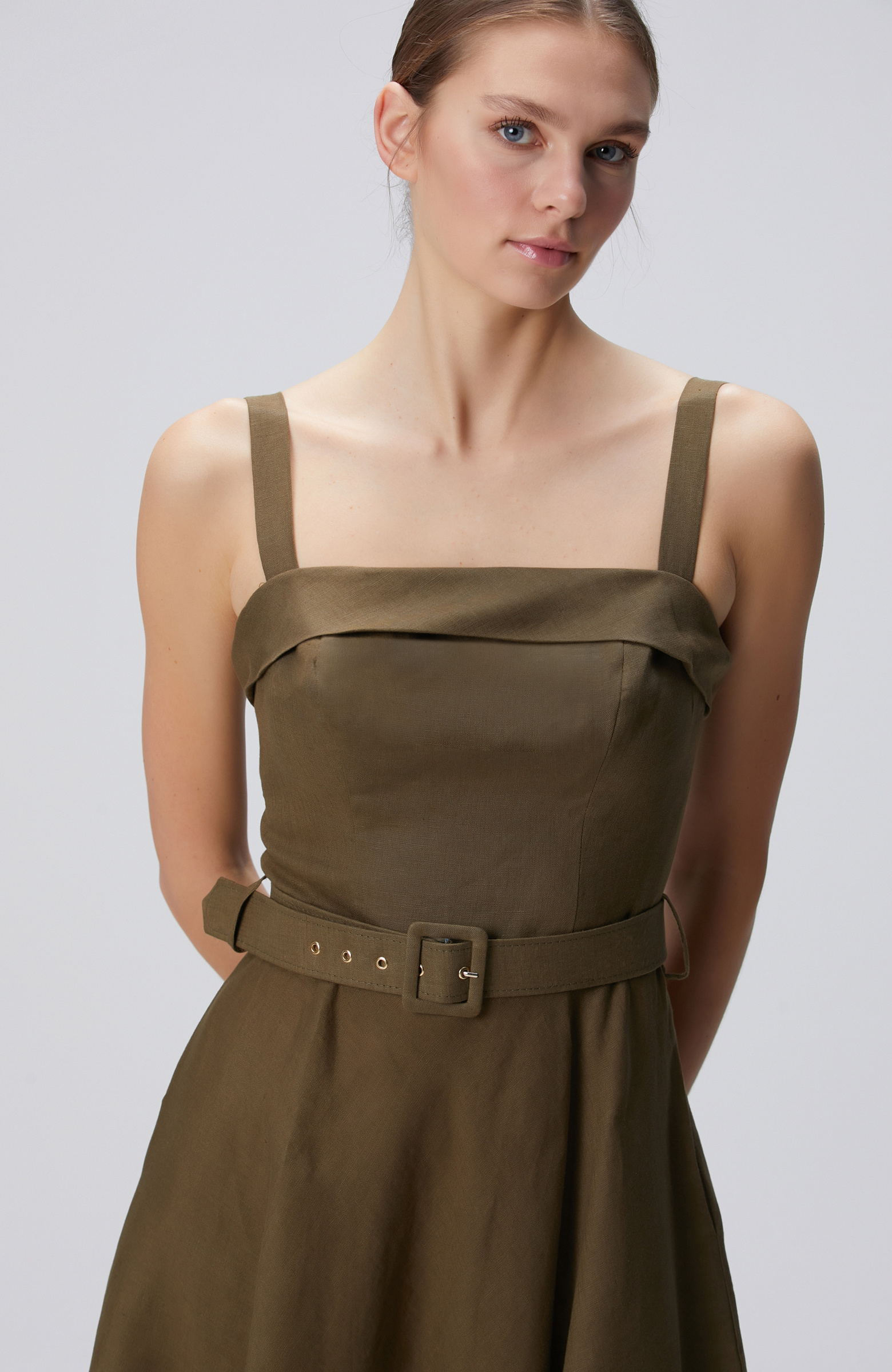 Haki Midi Keten Elbise