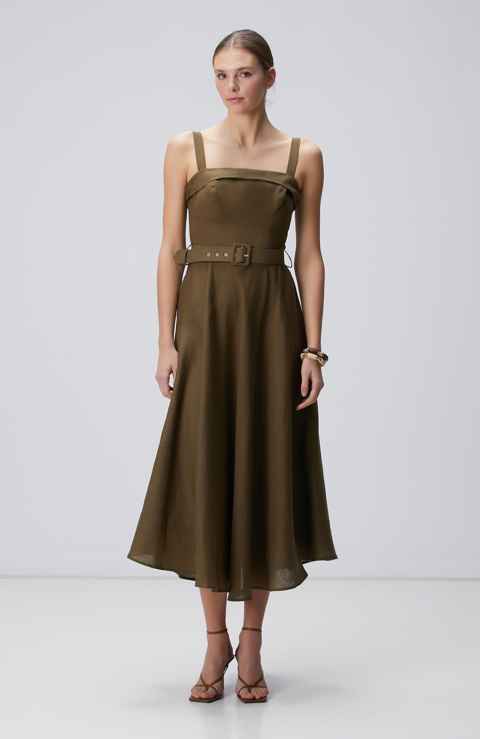 Haki Midi Keten Elbise